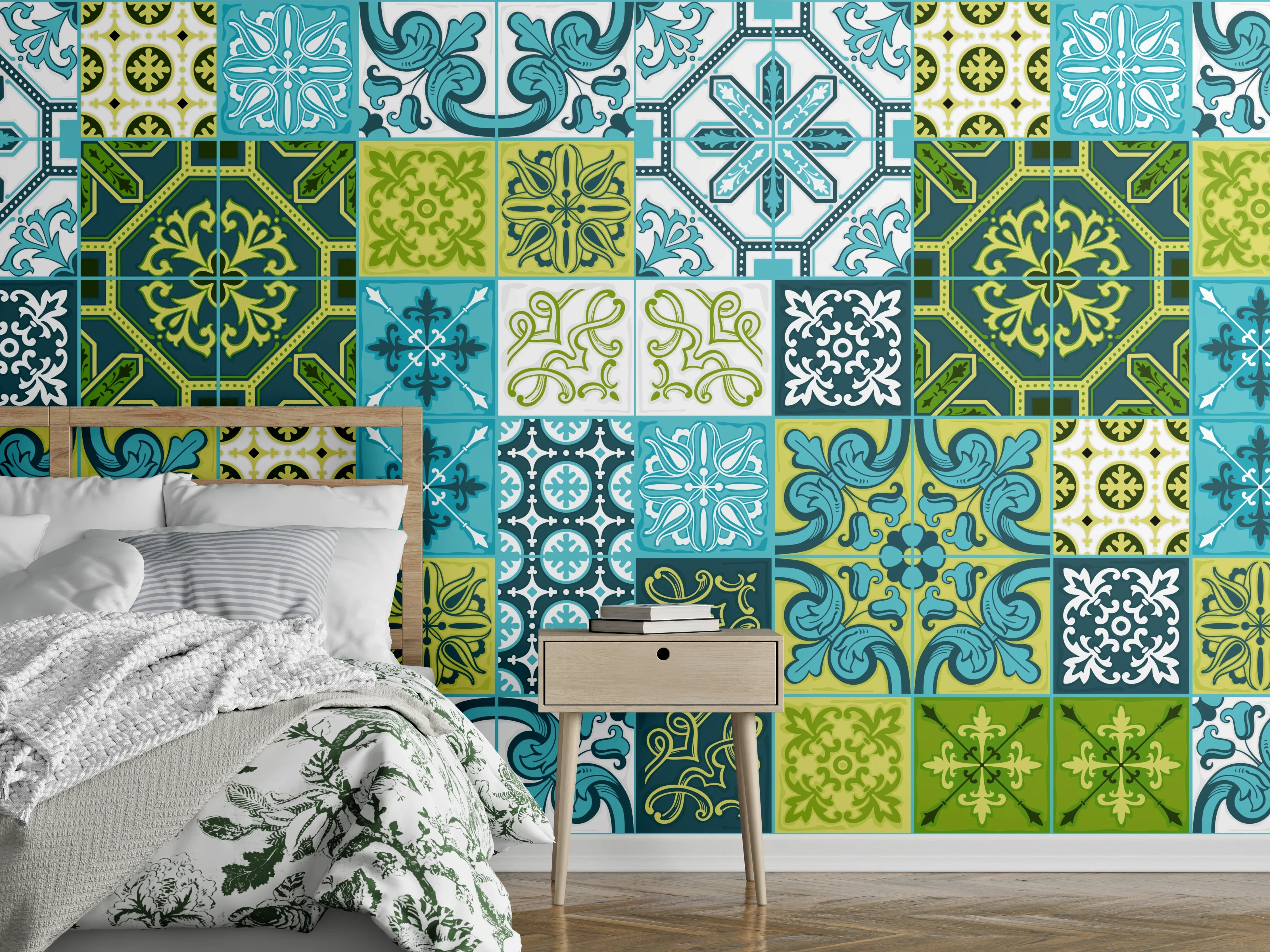 Wandverkleidung Schlafzimmer - Blau-Grüne Deko-Fliesen