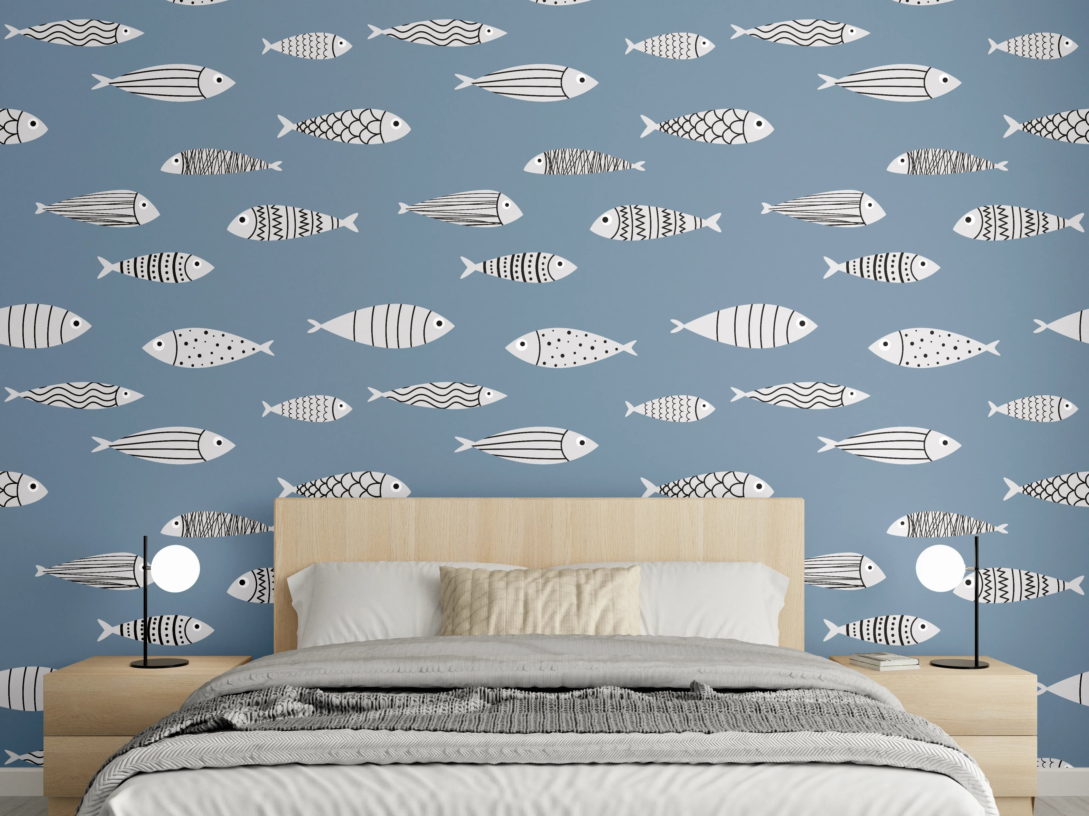 Wandverkleidung Schlafzimmer - Blau-Weiß Fischmuster