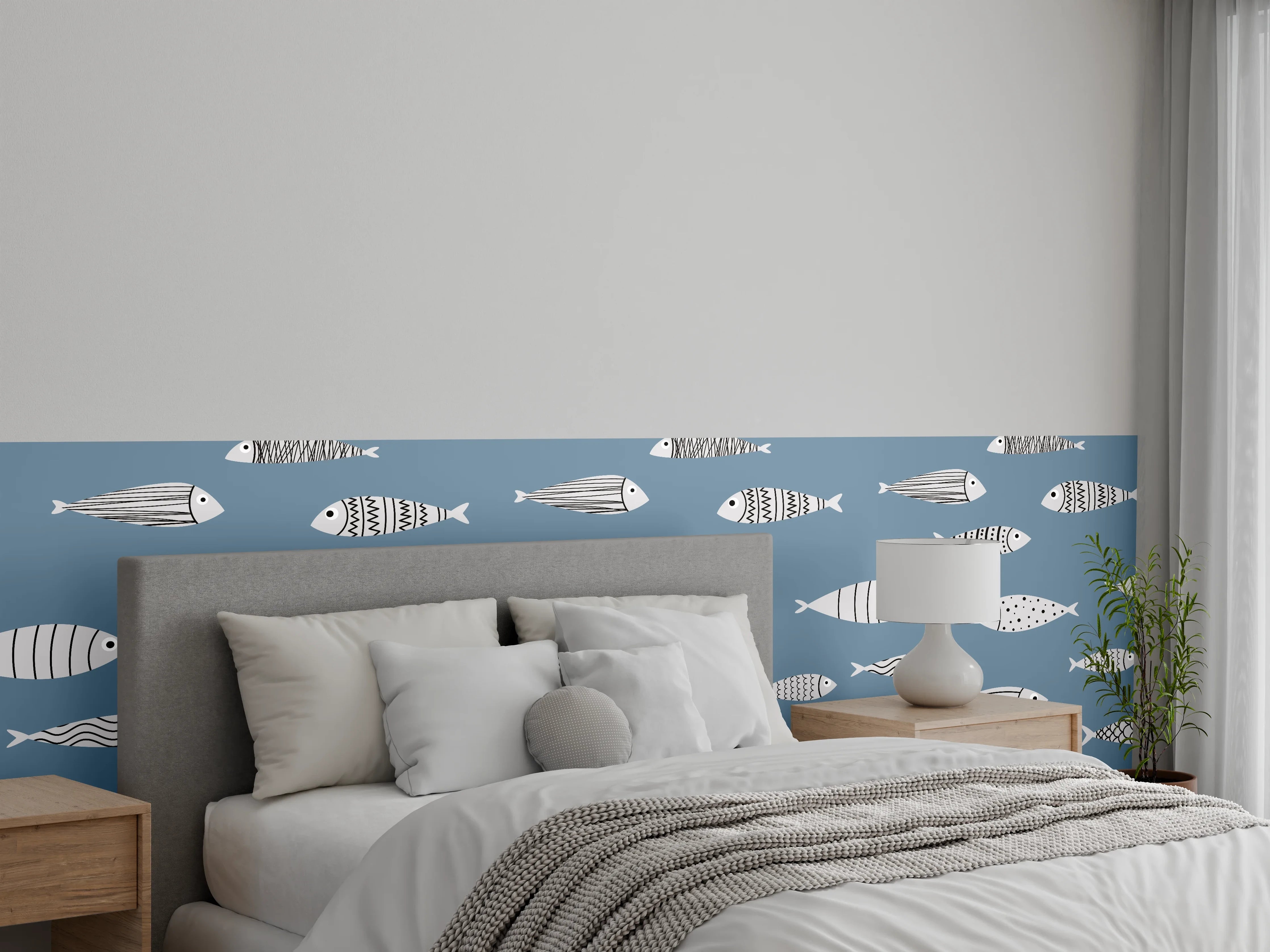 Wandverkleidung Schlafzimmer - Blau-Weiß Fischmuster