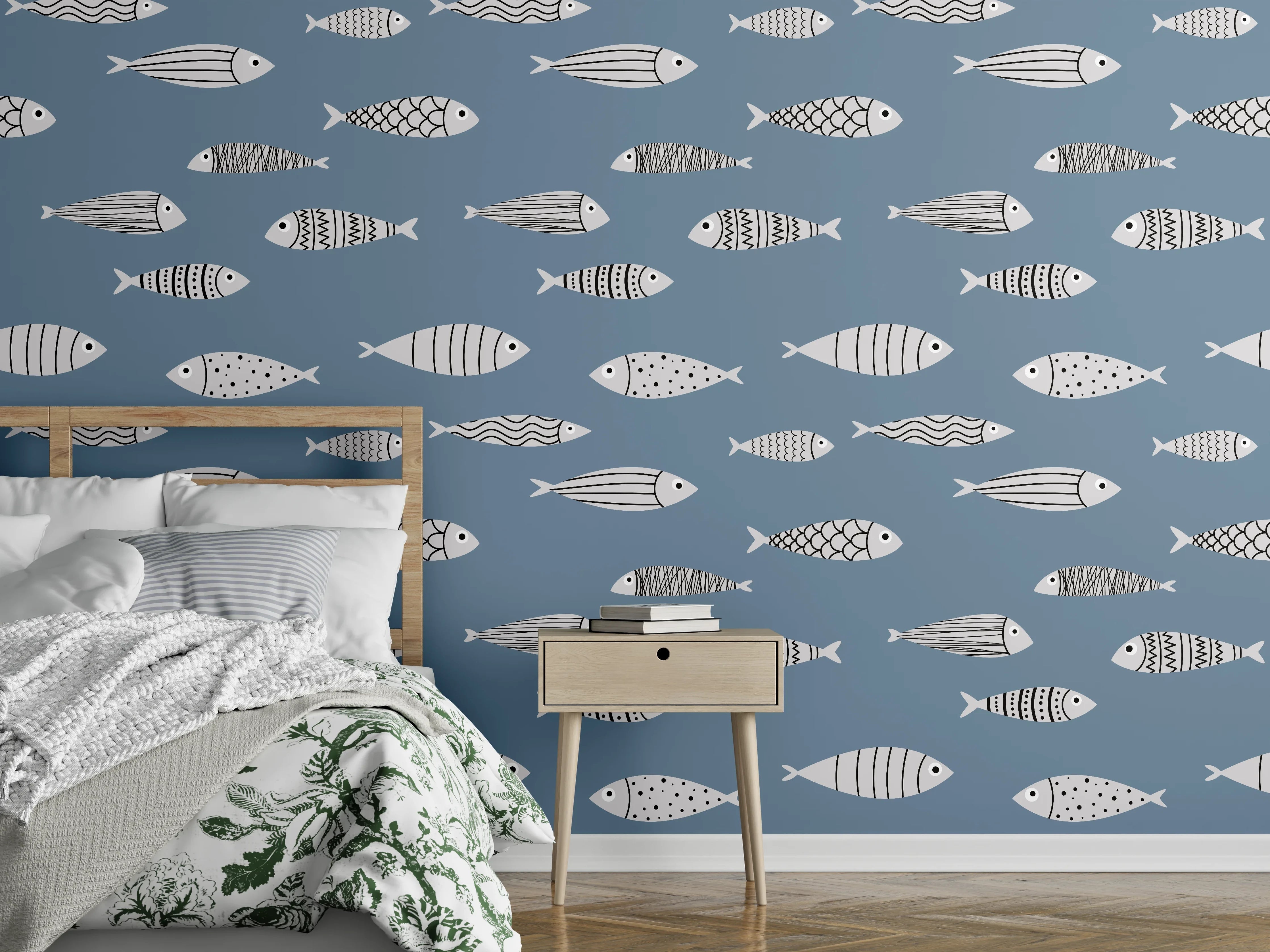 Wandverkleidung Schlafzimmer - Blau-Weiß Fischmuster