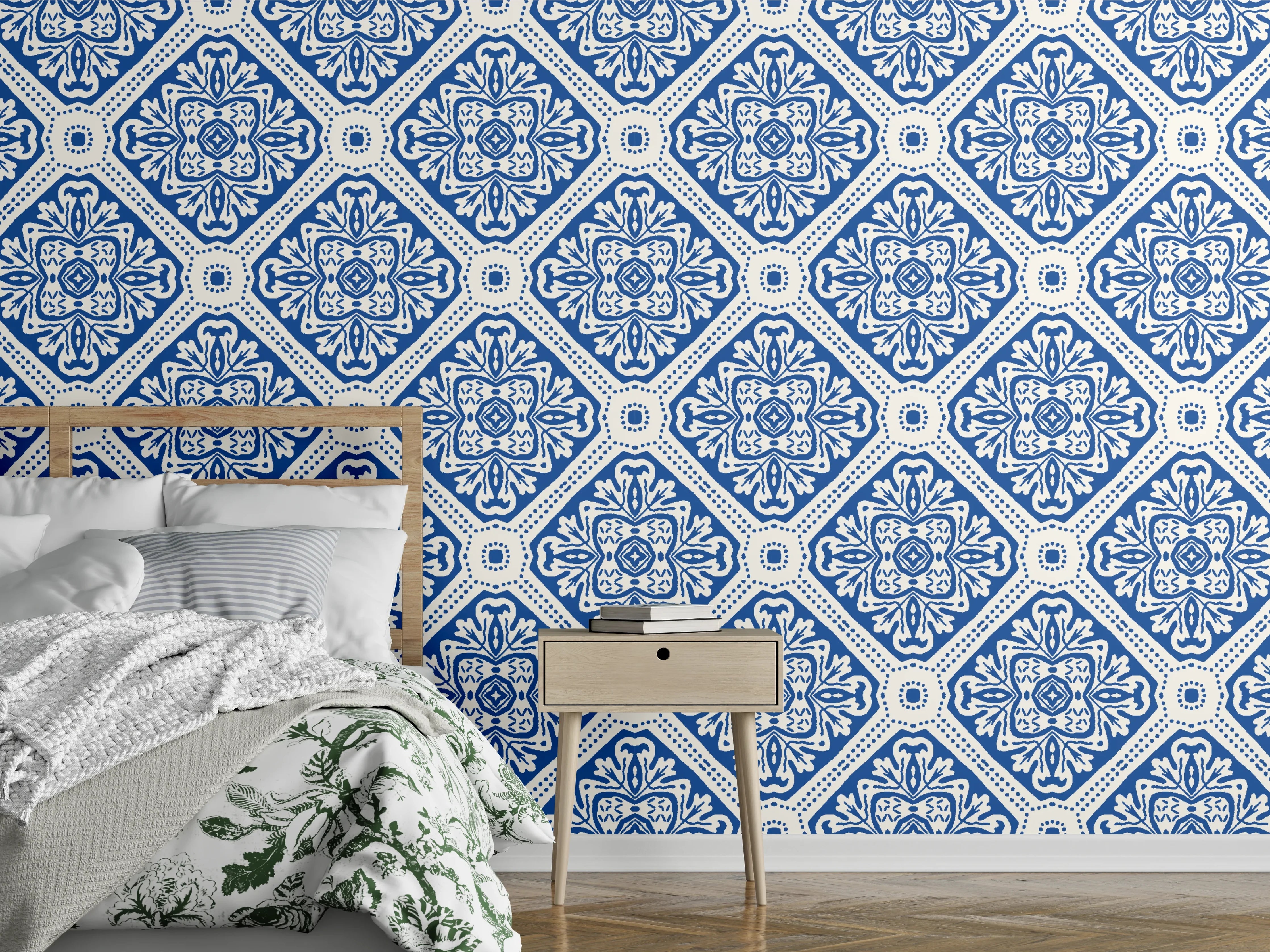 Wandverkleidung Schlafzimmer - Blau-Weißes Grafikmuster