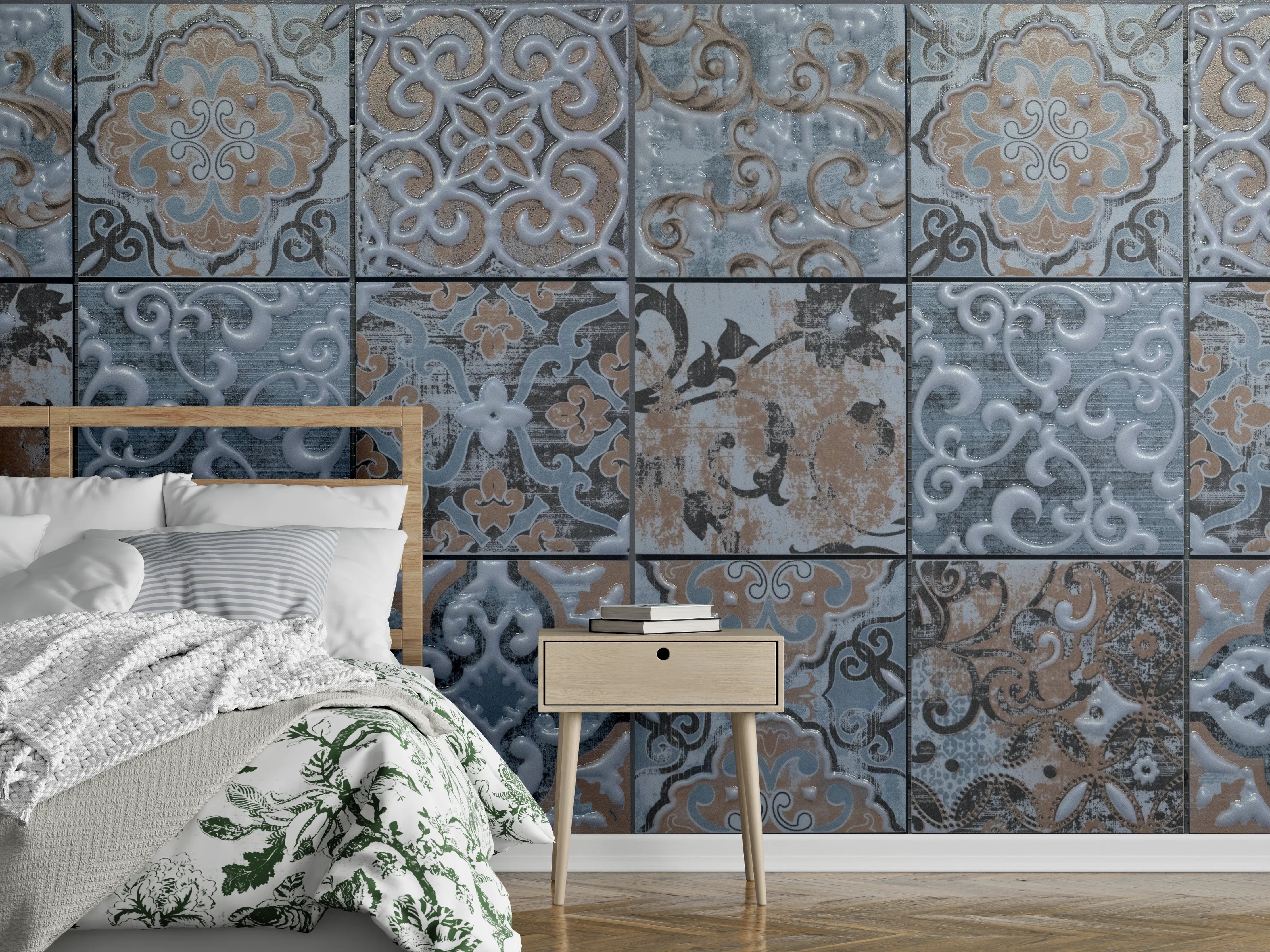 Wandverkleidung Schlafzimmer - Blau geometrische Mosaik Fliesen