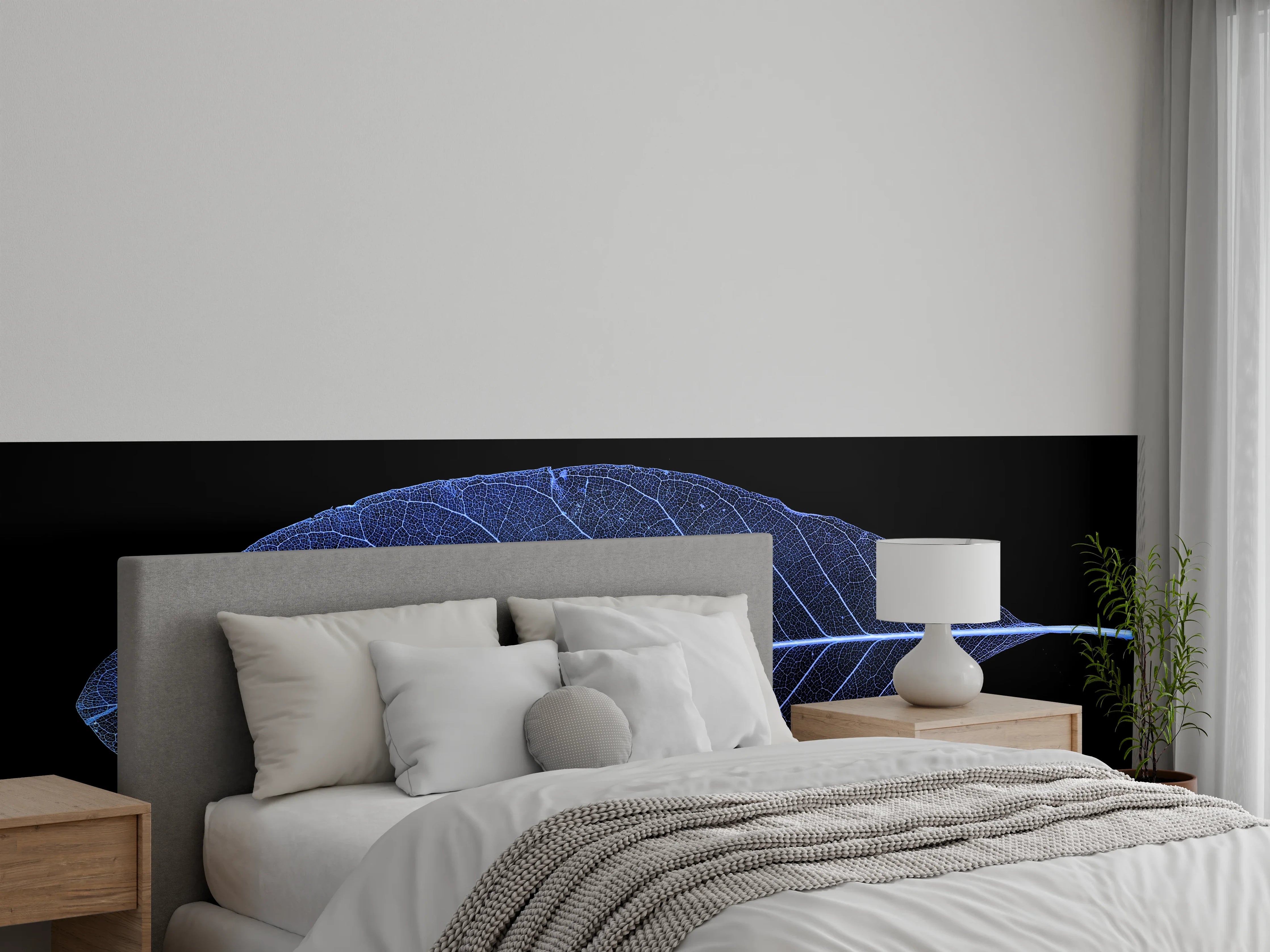Wandverkleidung Schlafzimmer - Blau leuchtendes Blattskelett auf Schwarz