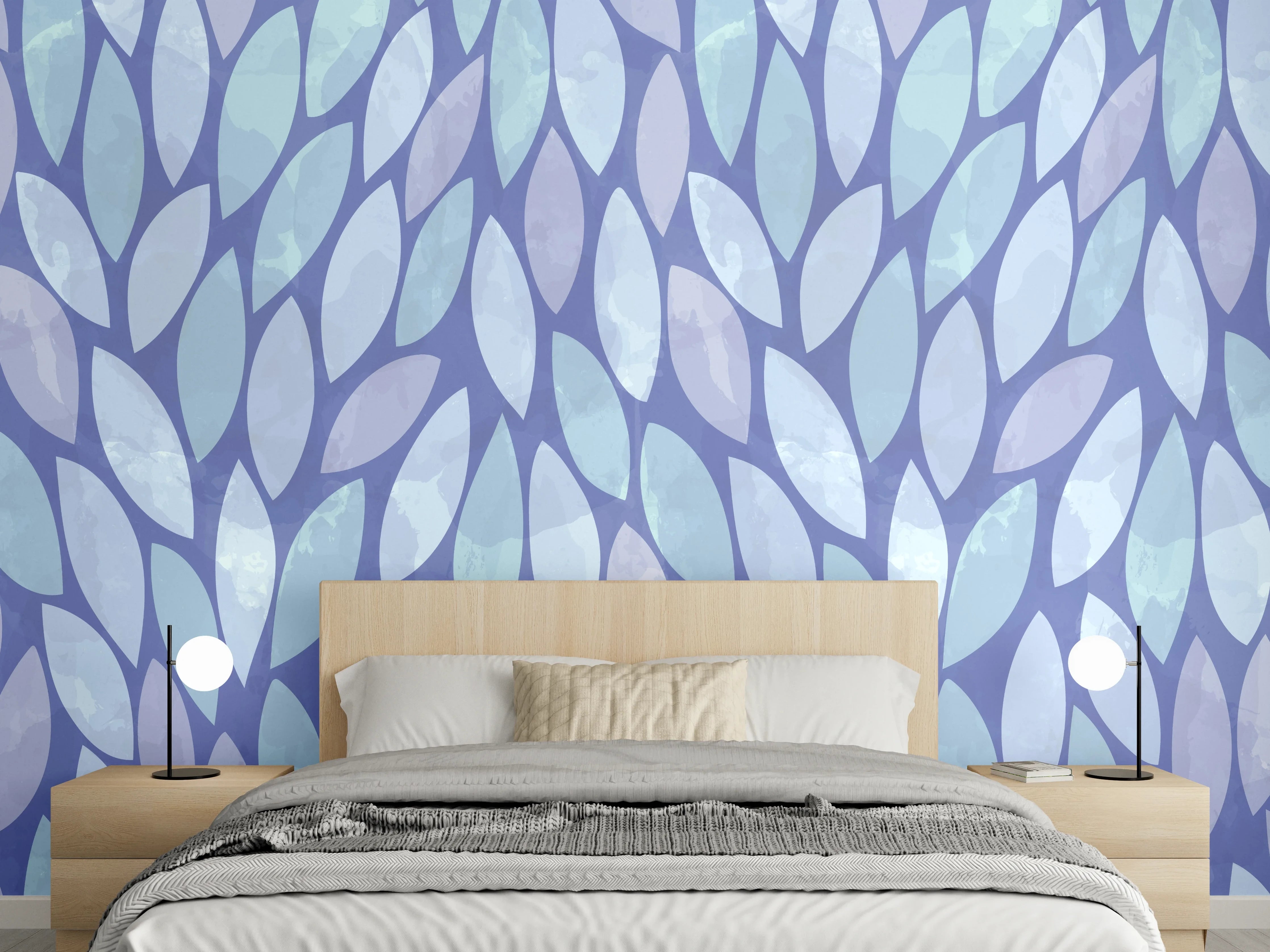 Wandverkleidung Schlafzimmer - Blau-lila Blattmuster modern