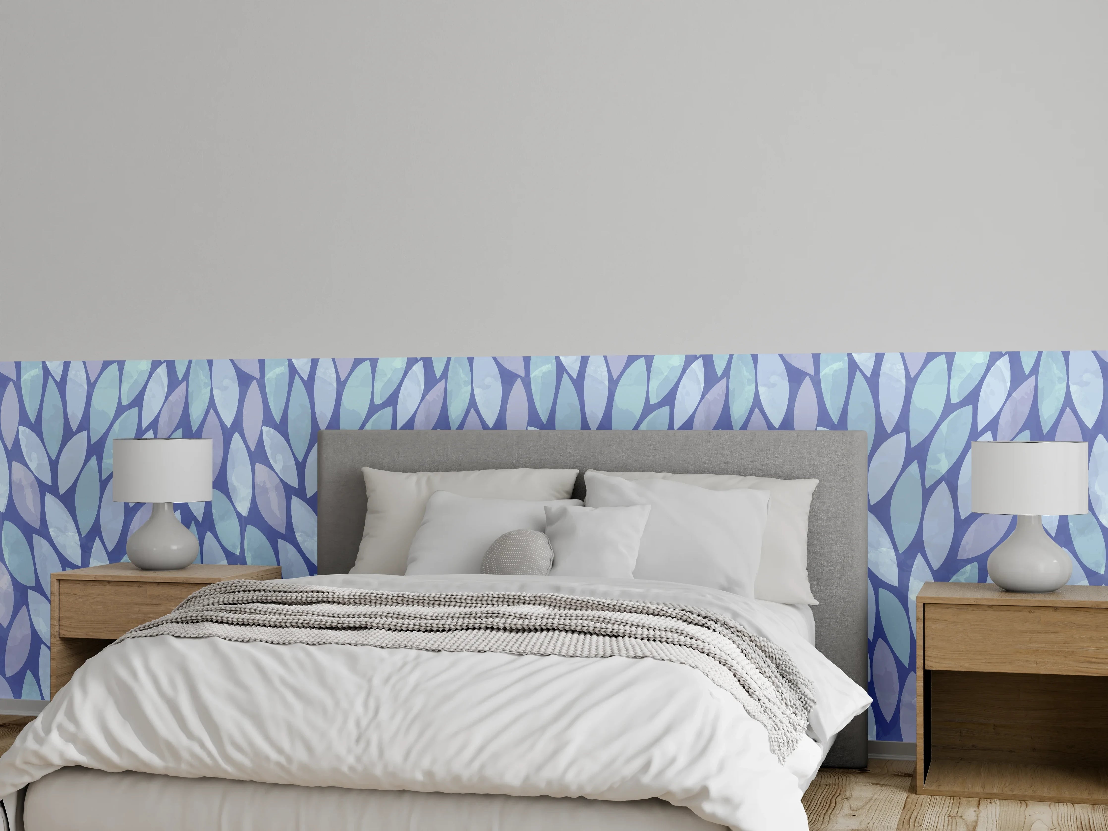 Wandverkleidung Schlafzimmer - Blau-lila Blattmuster modern