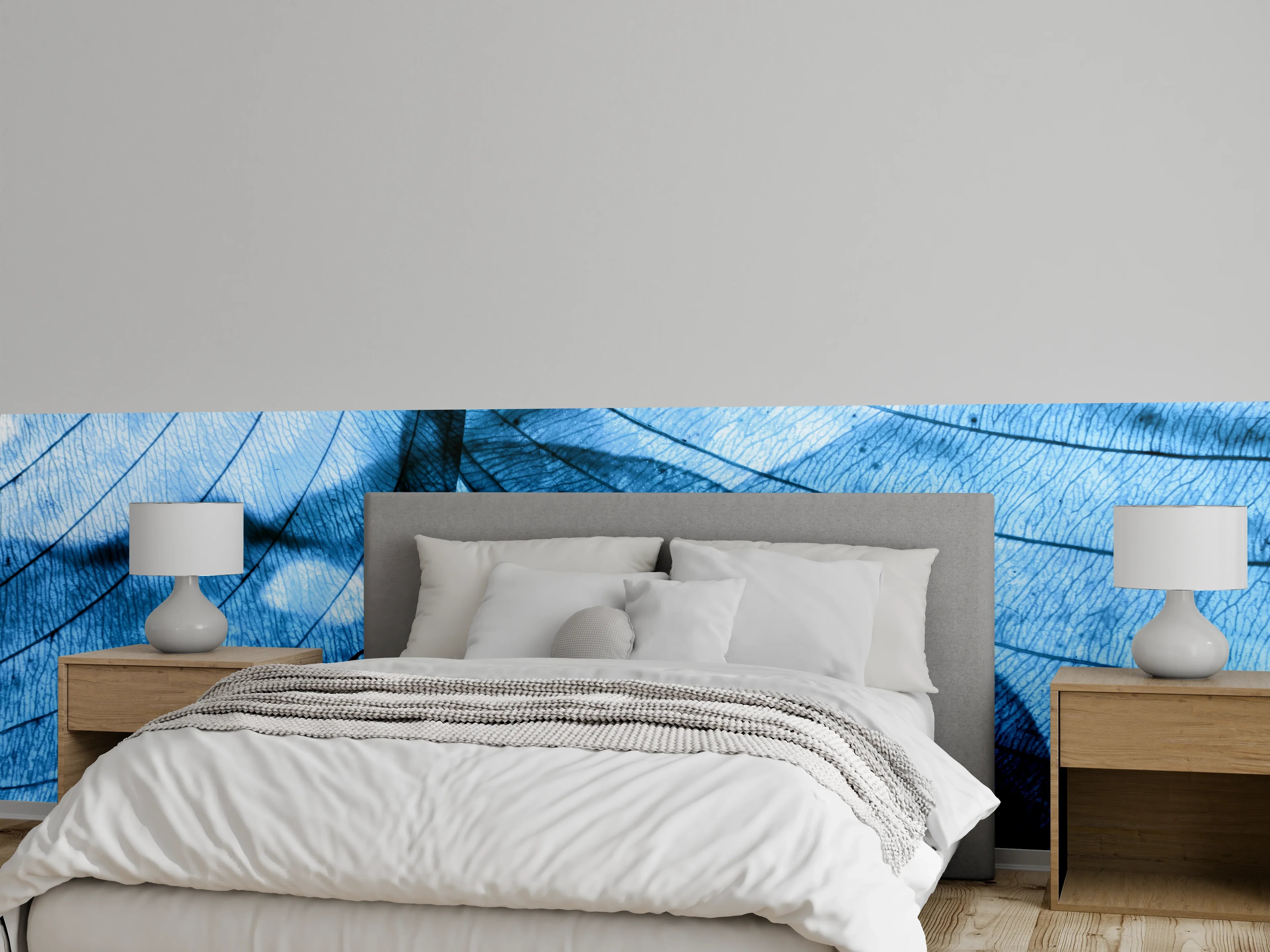 Wandverkleidung Schlafzimmer - Blau transparentes Blattmuster modern