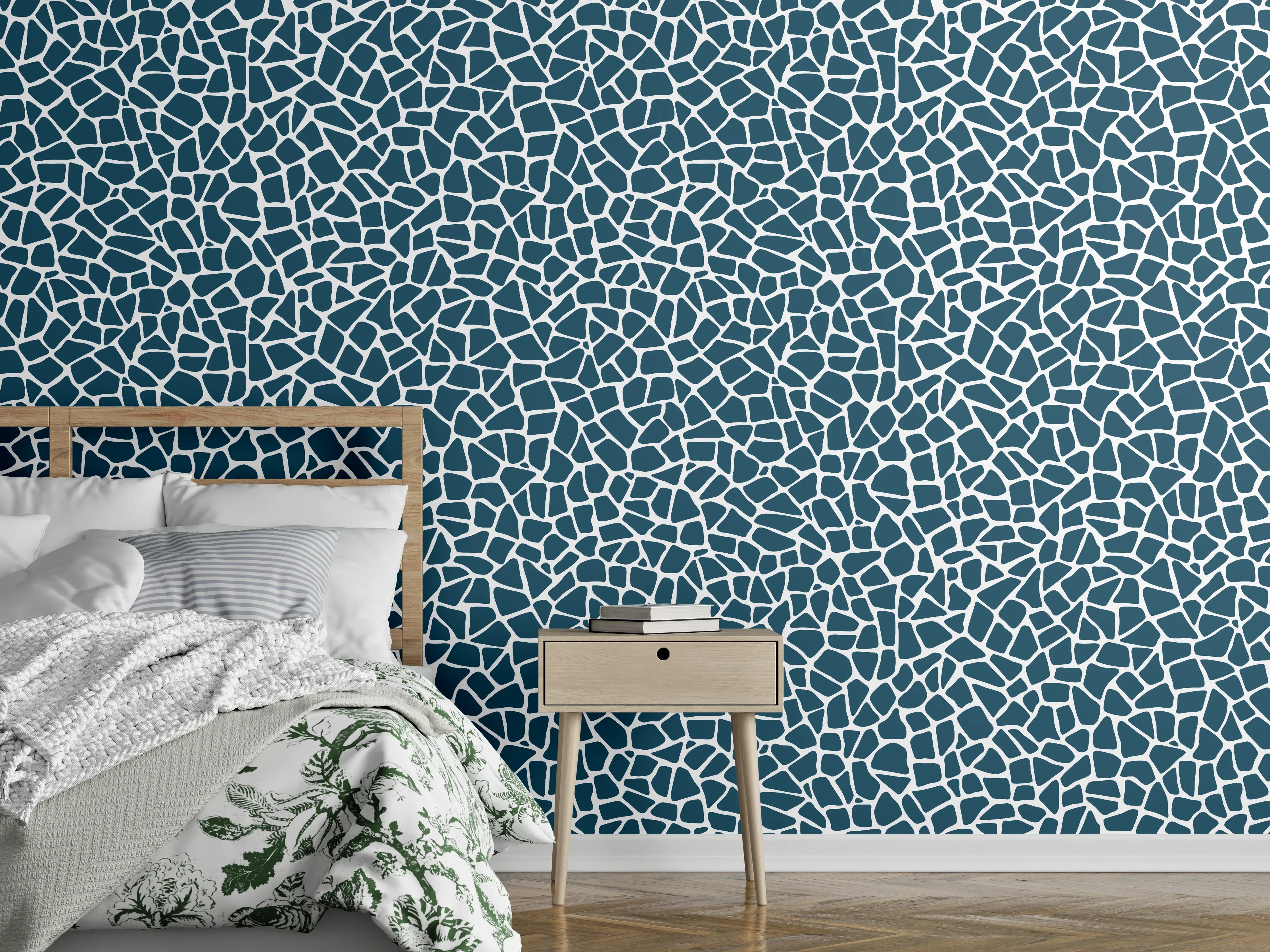Wandverkleidung Schlafzimmer - Blau-weiße Mosaikstruktur Musteroptik