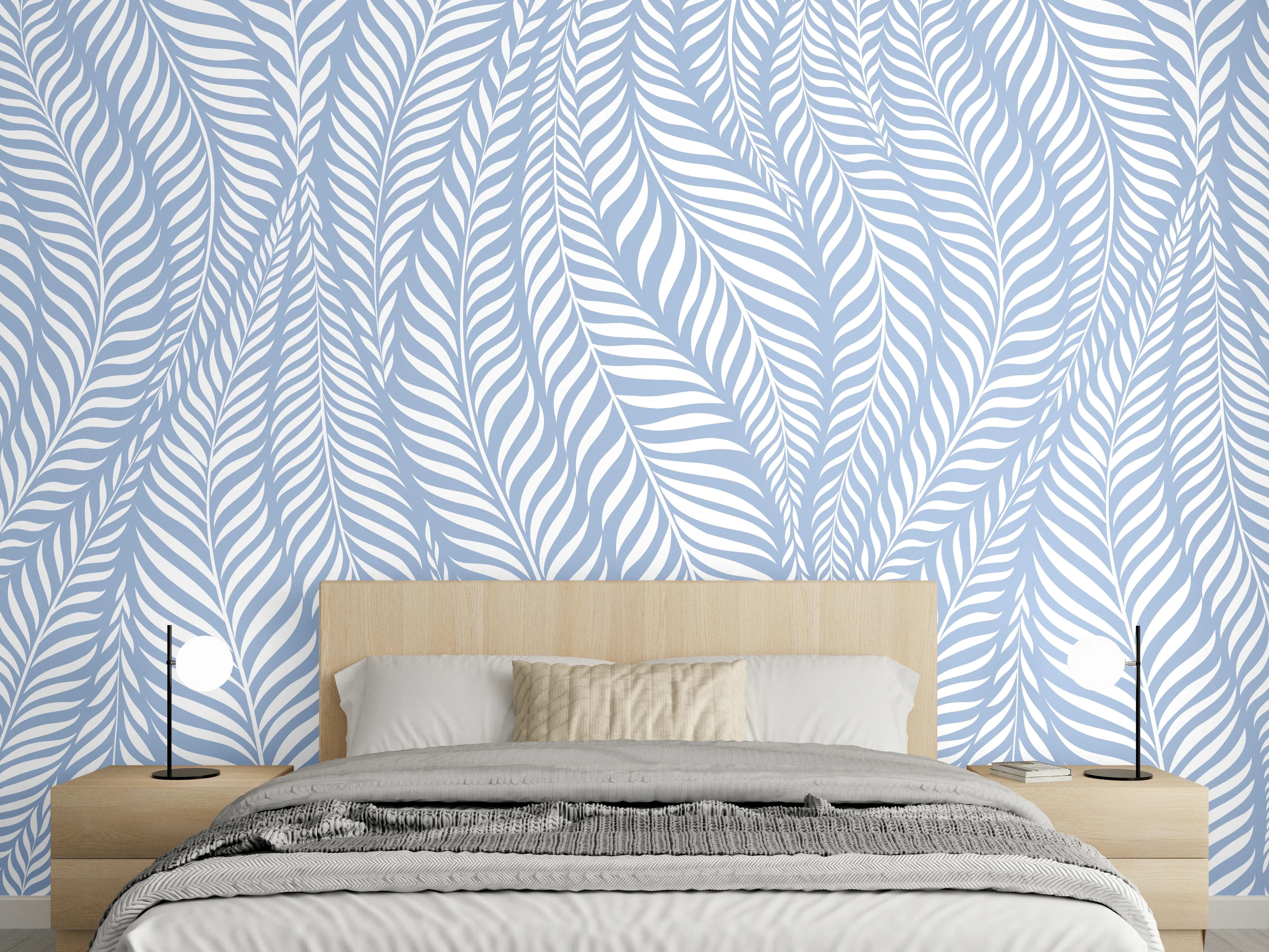 Wandverkleidung Schlafzimmer - Blau-weißes Blättermuster Tapete