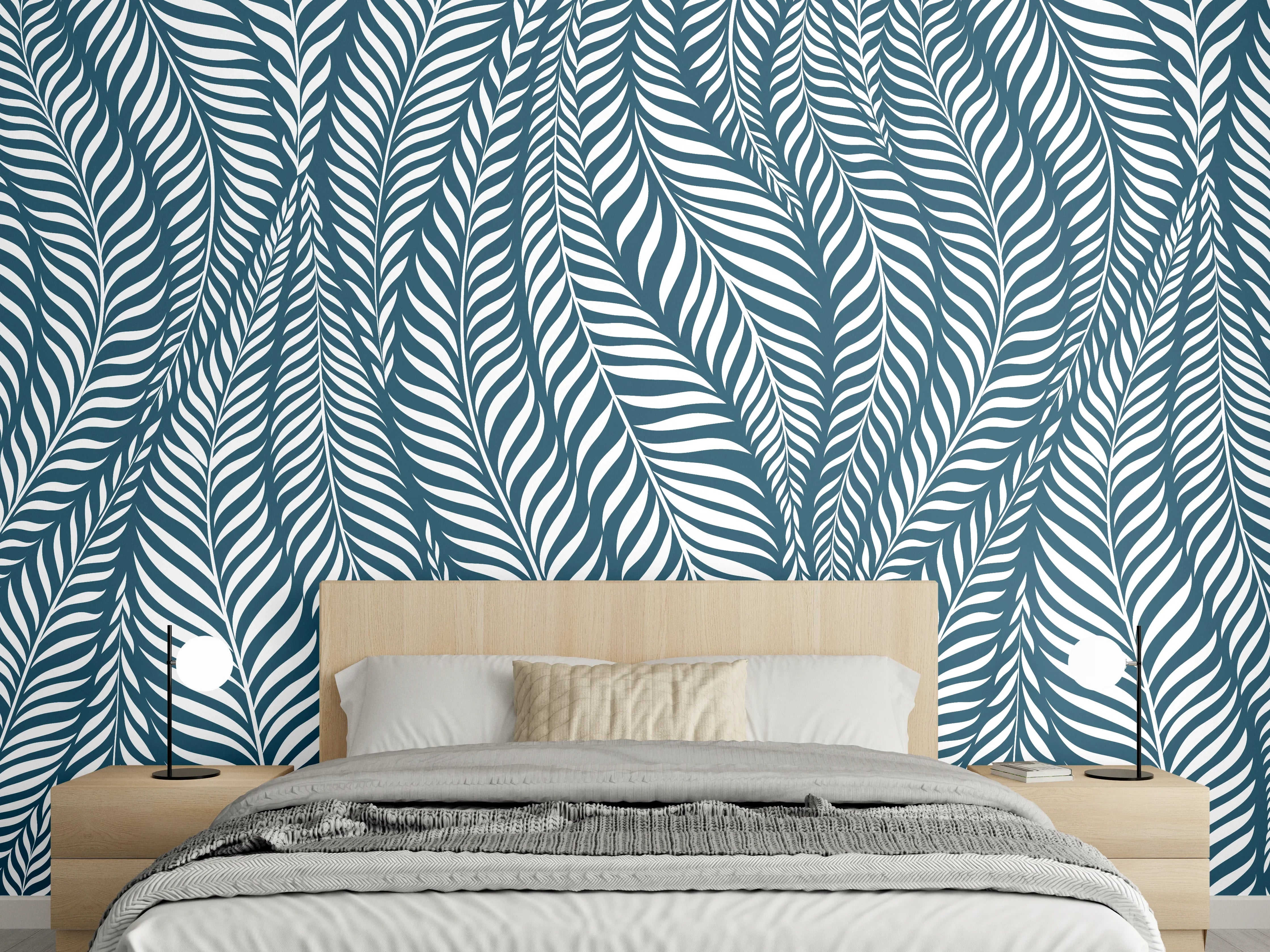 Wandverkleidung Schlafzimmer - Blau-weißes Blättermuster Tapete modern