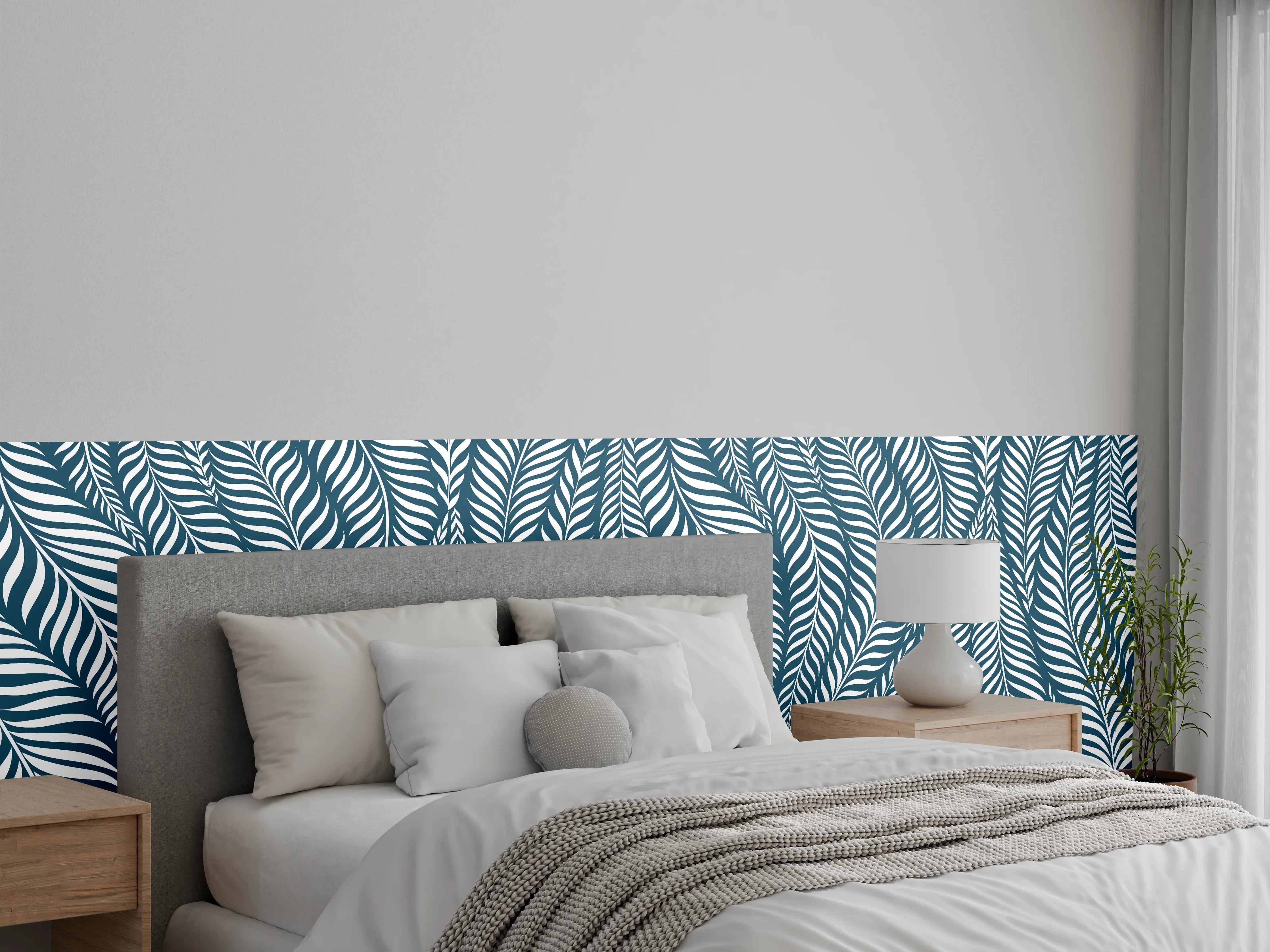 Wandverkleidung Schlafzimmer - Blau-weißes Blättermuster Tapete modern