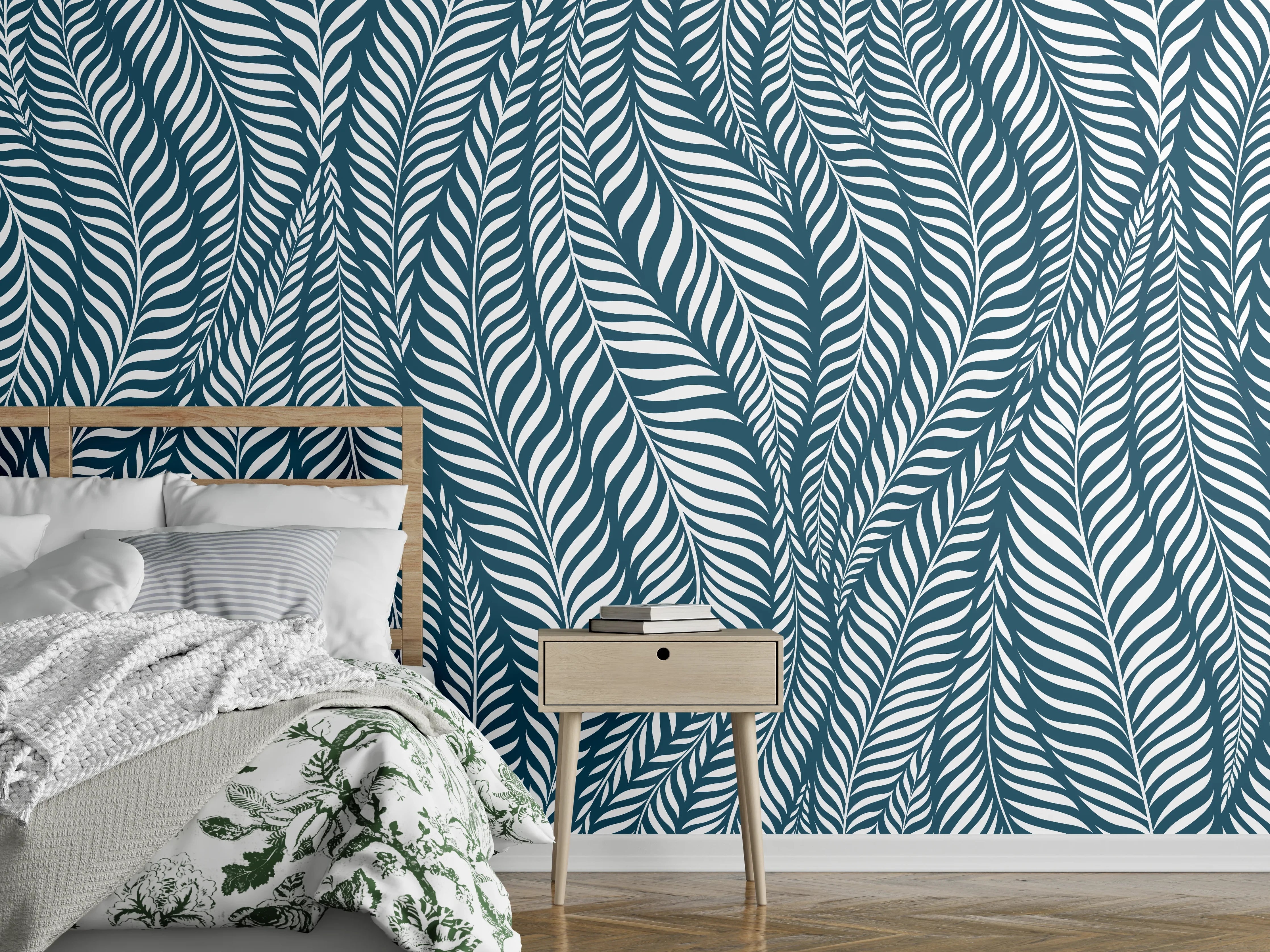 Wandverkleidung Schlafzimmer - Blau-weißes Blättermuster Tapete modern