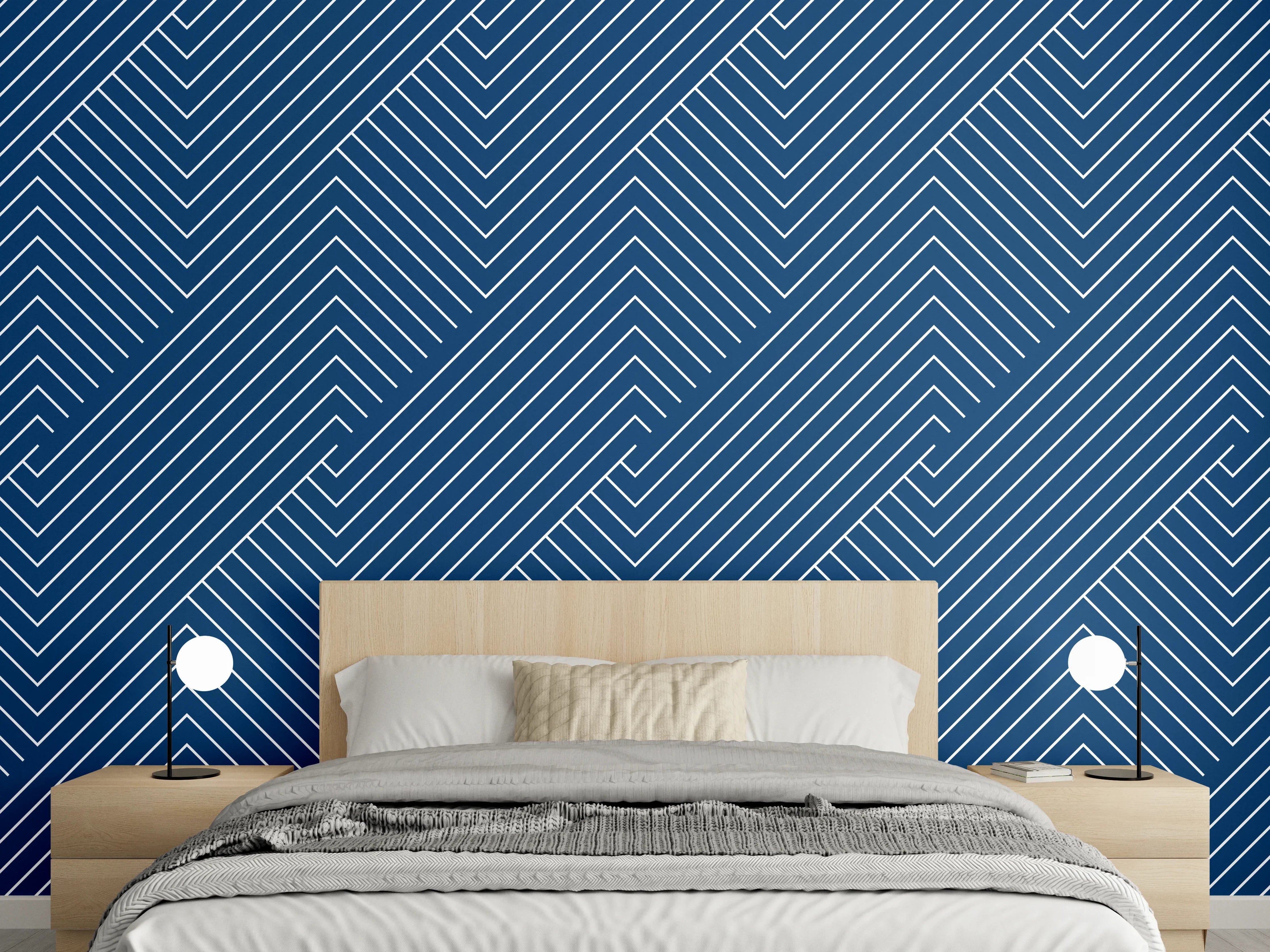 Wandverkleidung Schlafzimmer - Blau-weißes Chevron-Muster modern