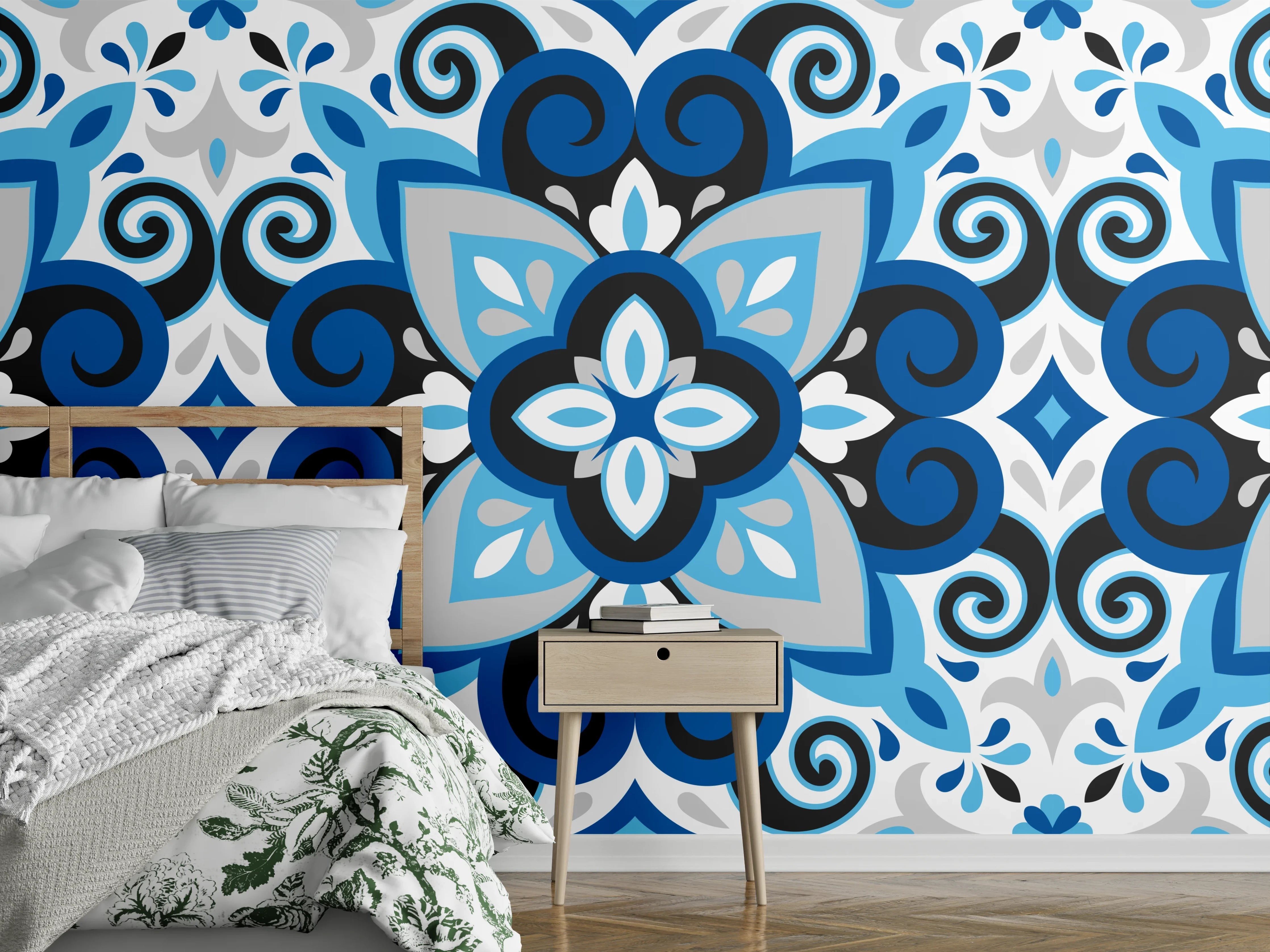 Wandverkleidung Schlafzimmer - Blau-weißes Musterdesign mit subtilen Grautönen
