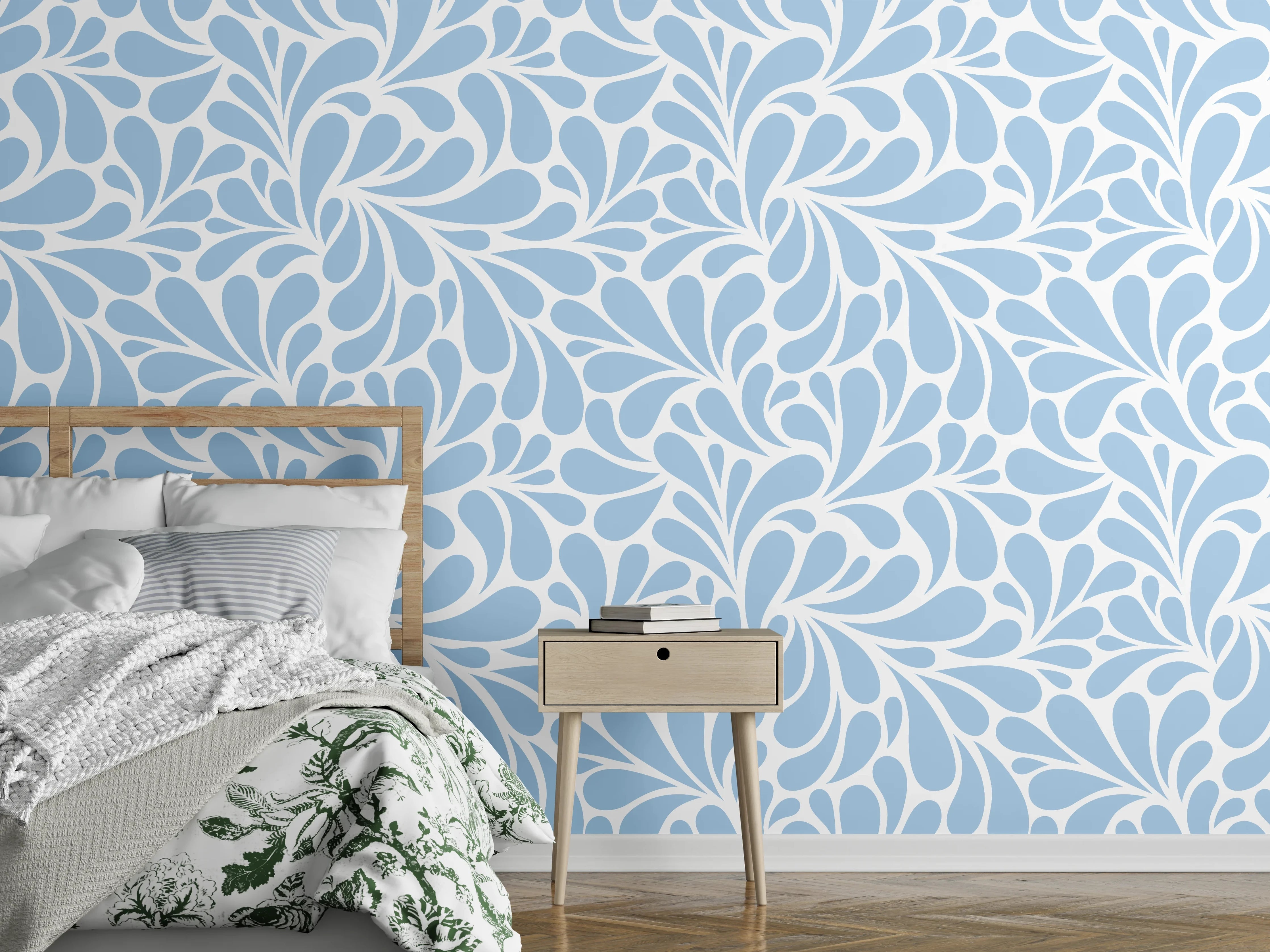 Wandverkleidung Schlafzimmer - Blau-weißes Ornament-Muster modern