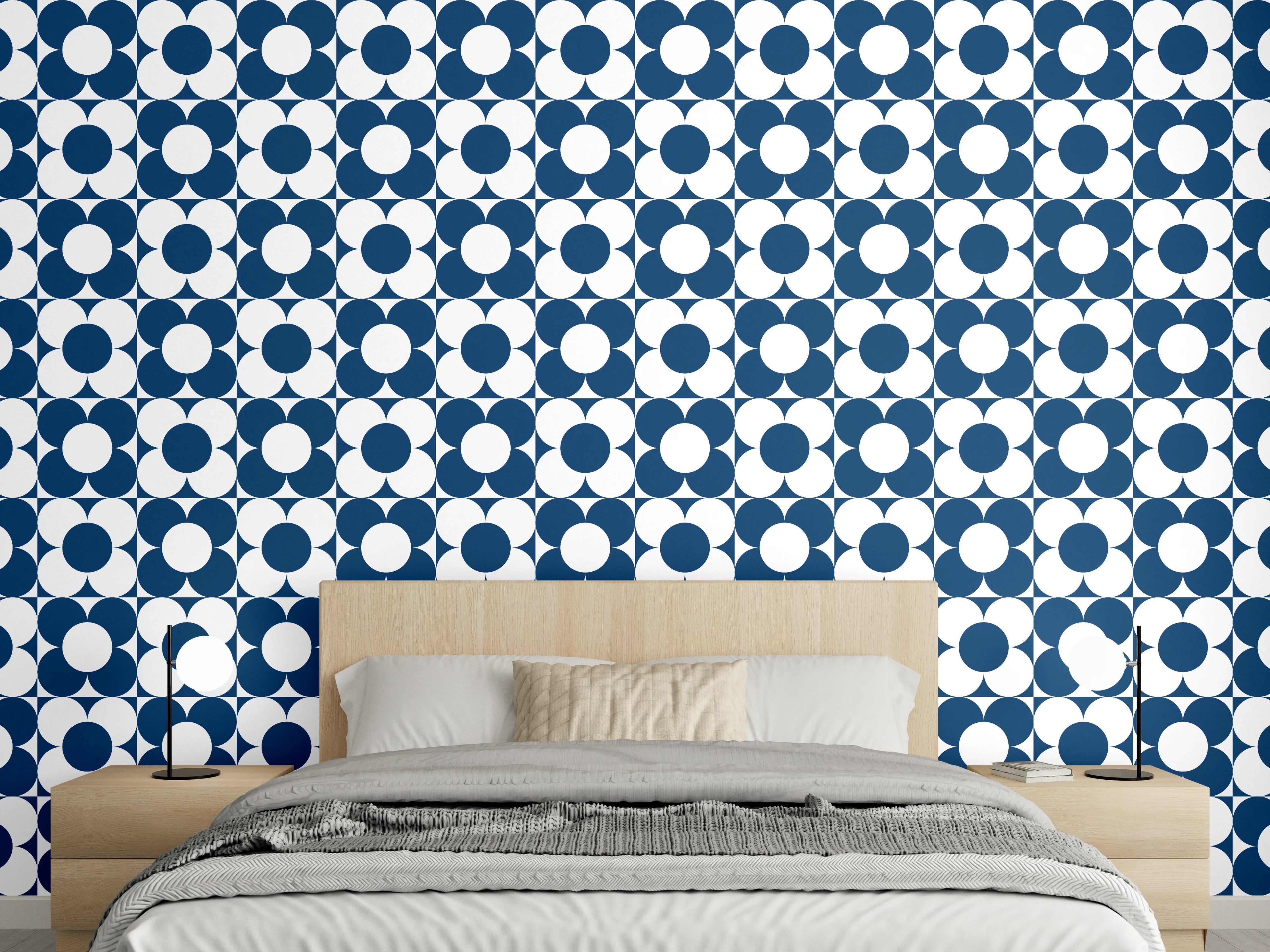 Wandverkleidung Schlafzimmer - Blau-weißes Retro-Kreismuster