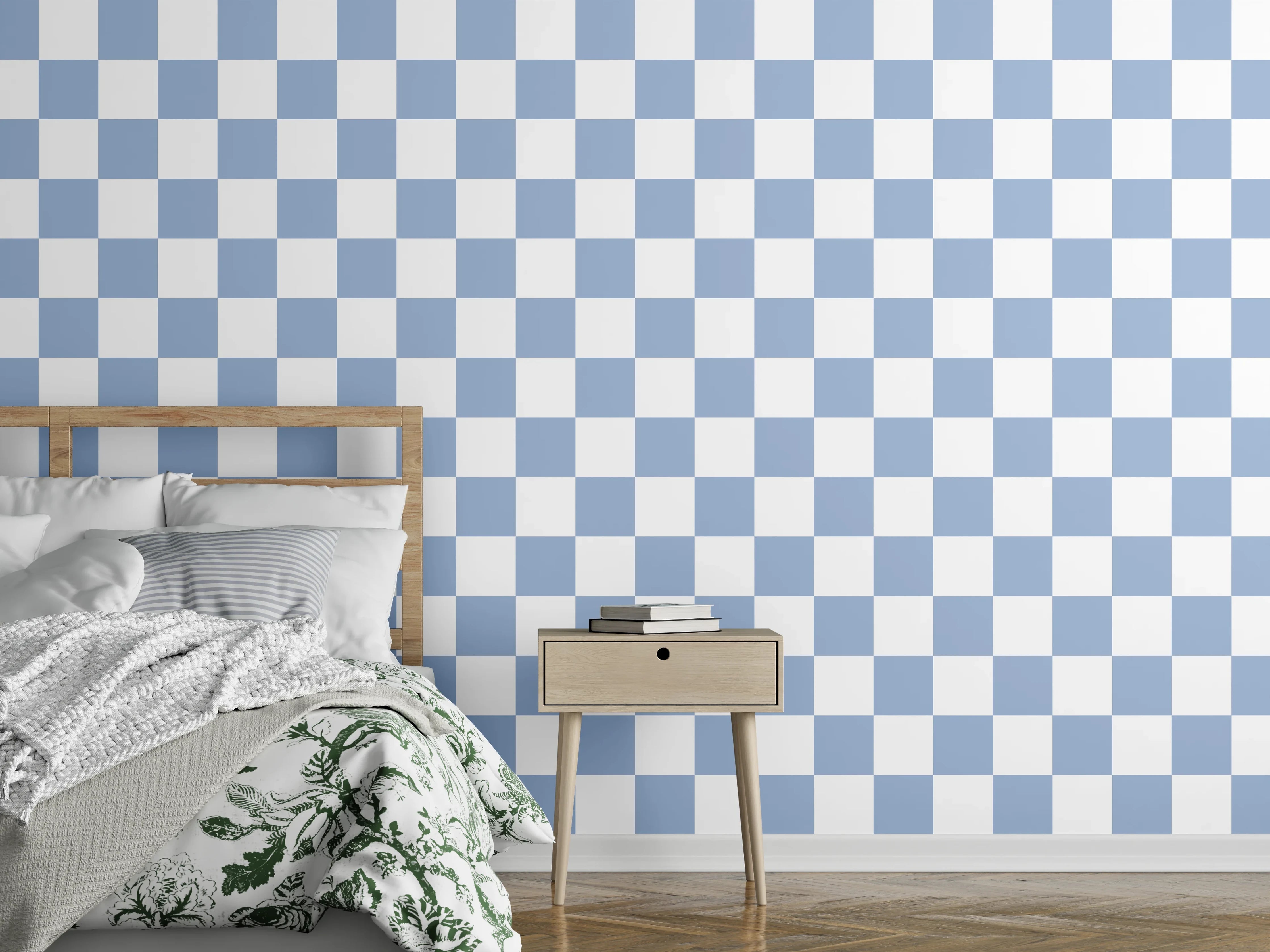 Wandverkleidung Schlafzimmer - Blau-weißes Schachbrettmuster klassisch