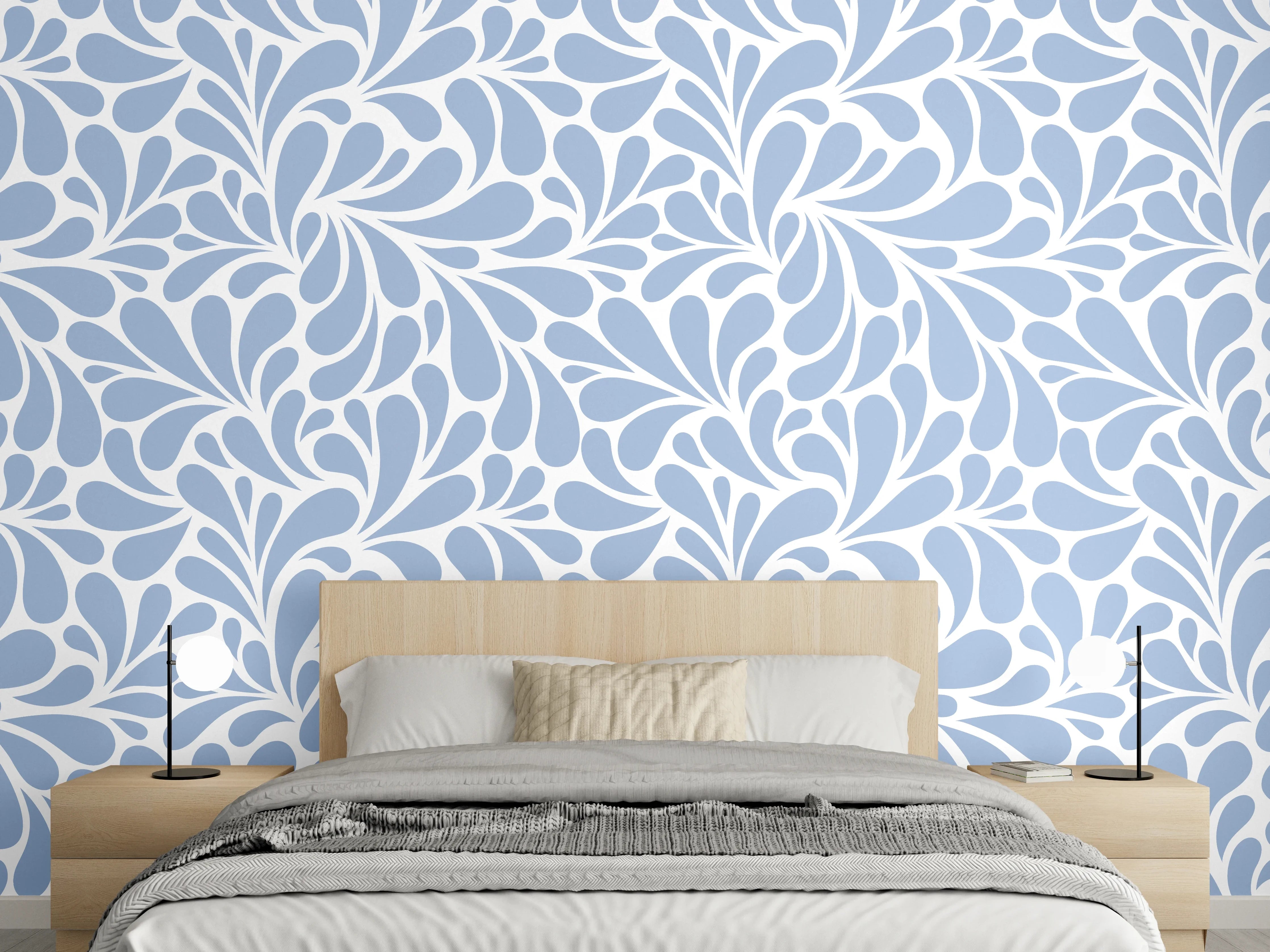 Wandverkleidung Schlafzimmer - Blau-weißes florales Muster modern