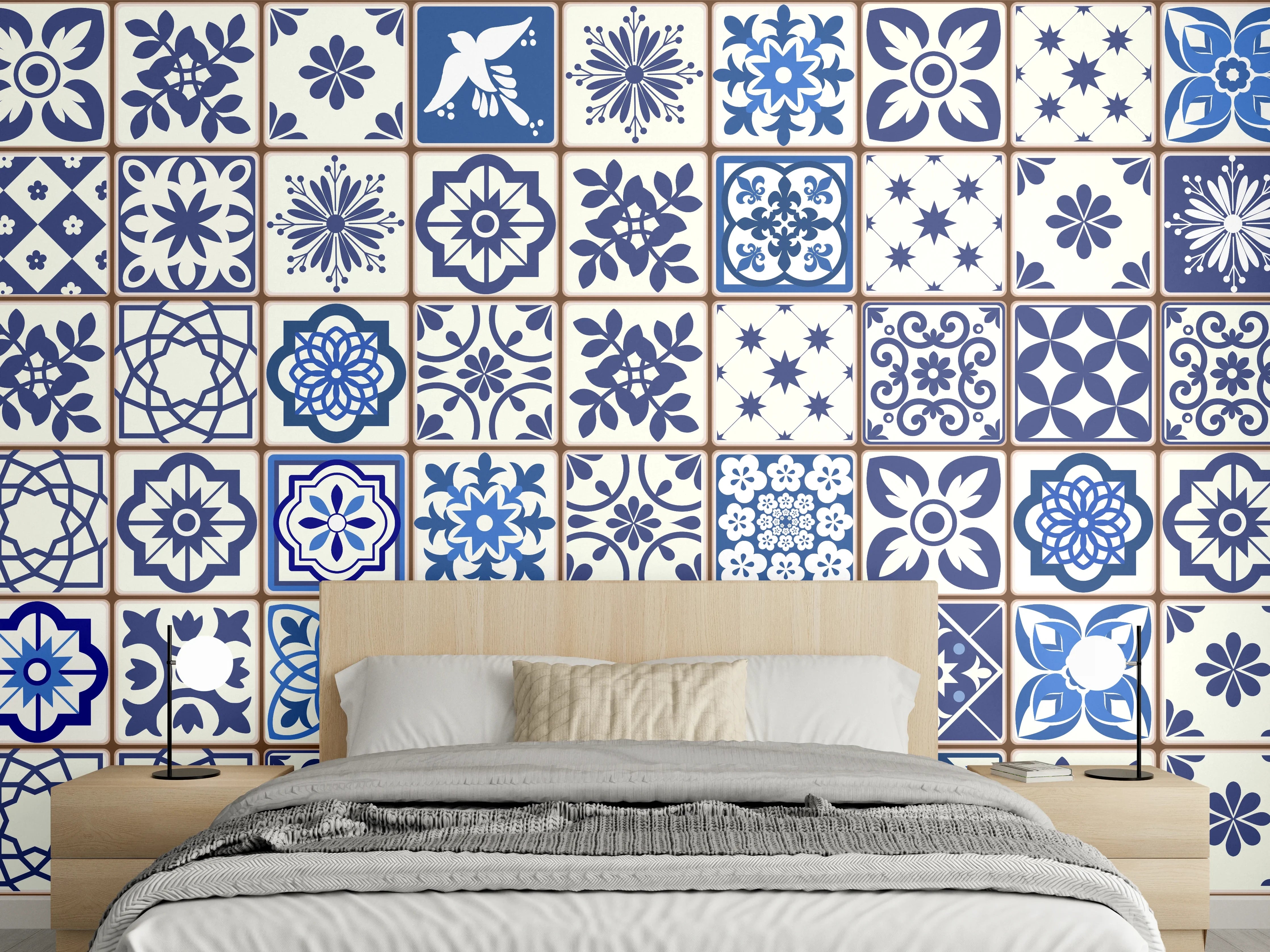 Wandverkleidung Schlafzimmer - Blaue Keramik-Fliesen Muster