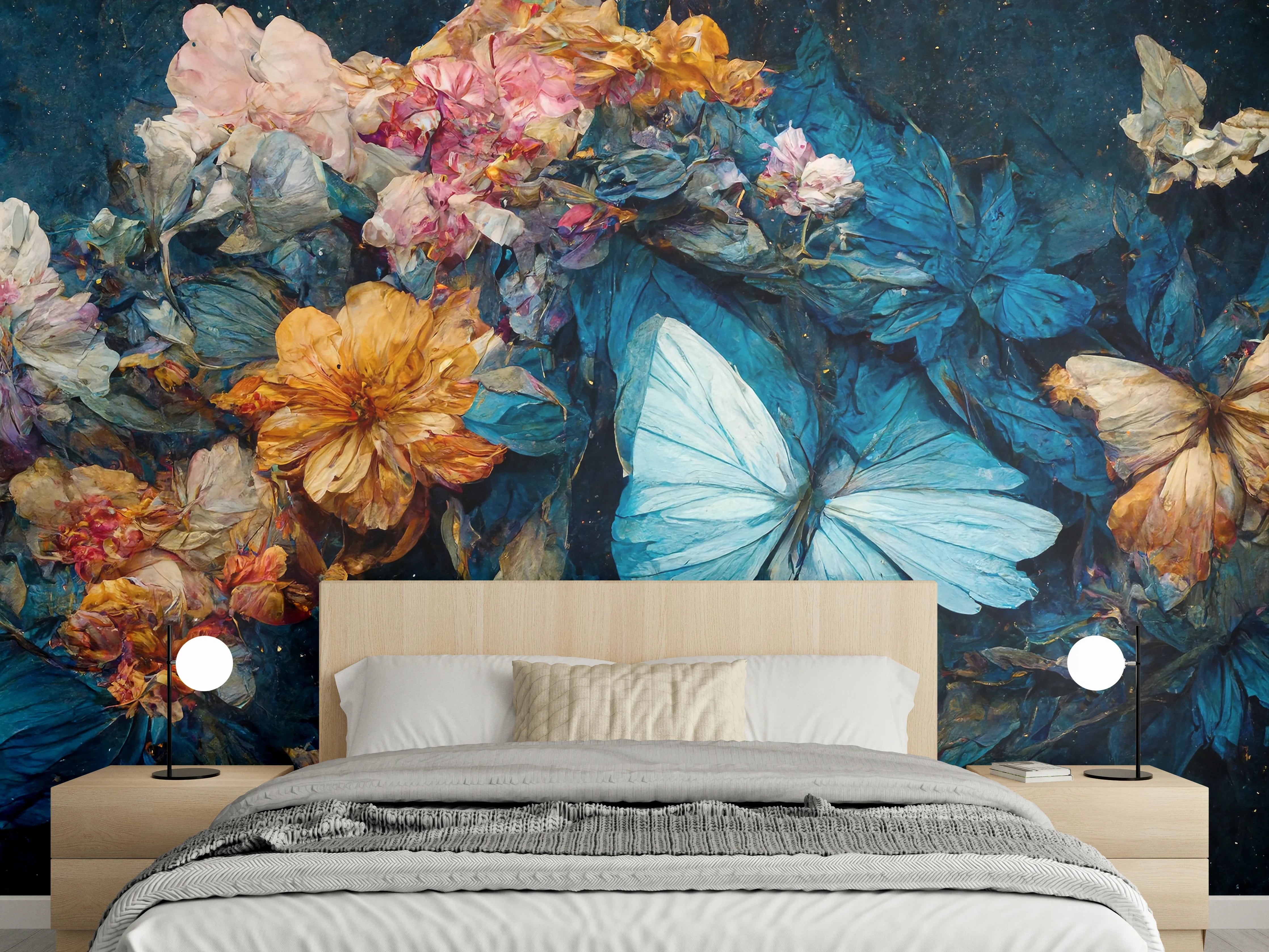Wandverkleidung Schlafzimmer - Blaue Schmetterlinge mit Blumenpracht