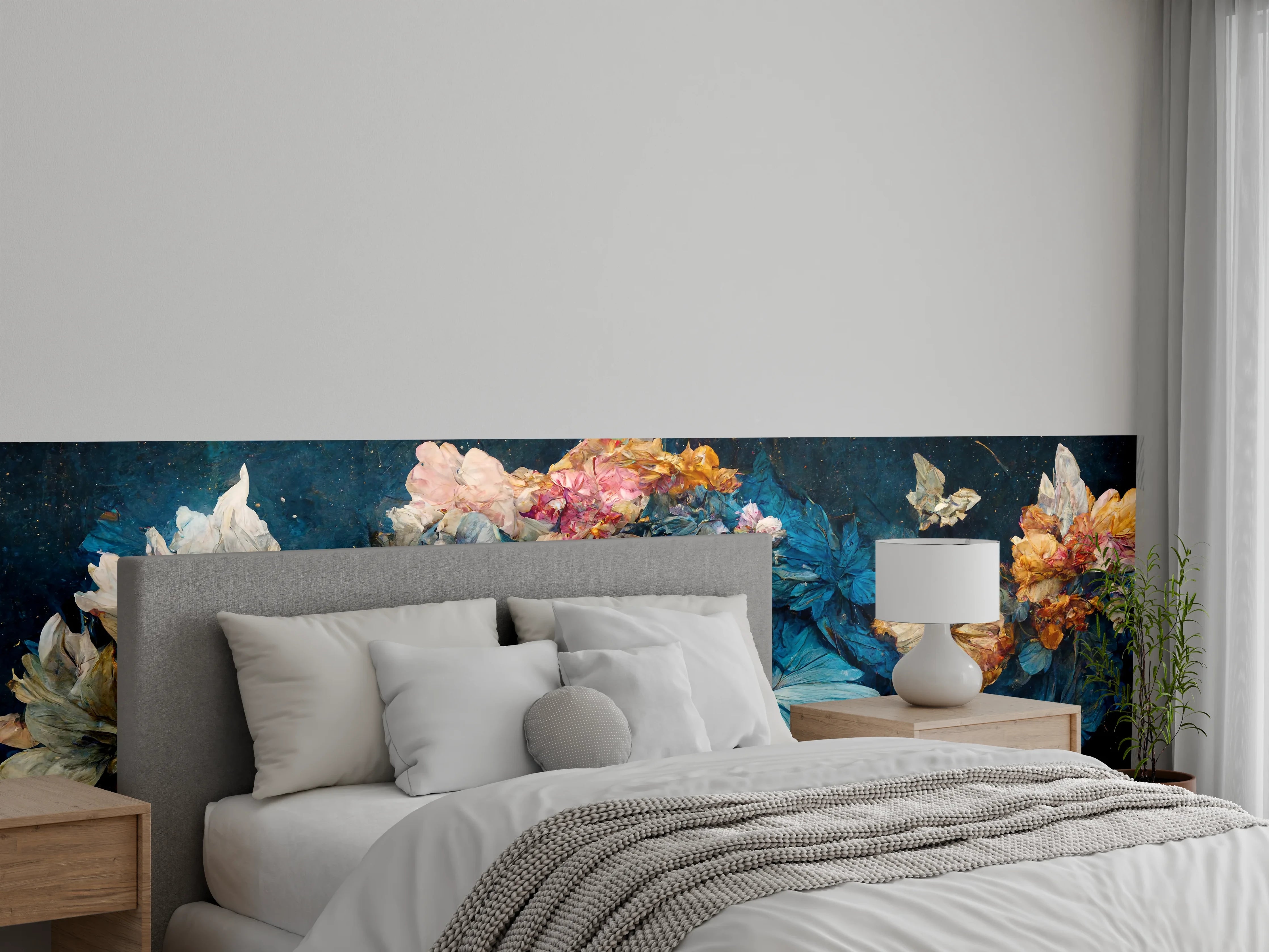 Wandverkleidung Schlafzimmer - Blaue Schmetterlinge mit Blumenpracht