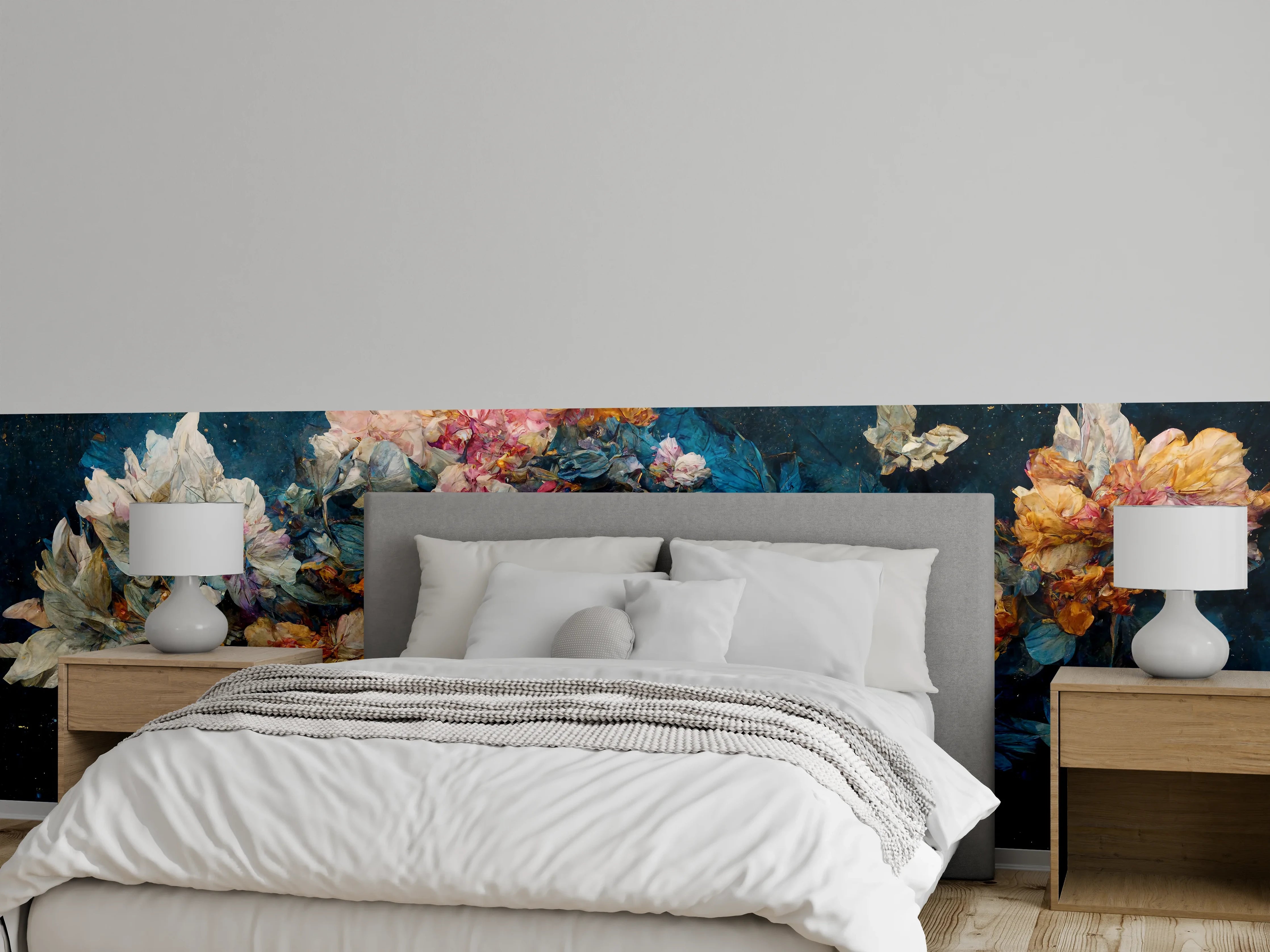 Wandverkleidung Schlafzimmer - Blaue Schmetterlinge mit Blumenpracht
