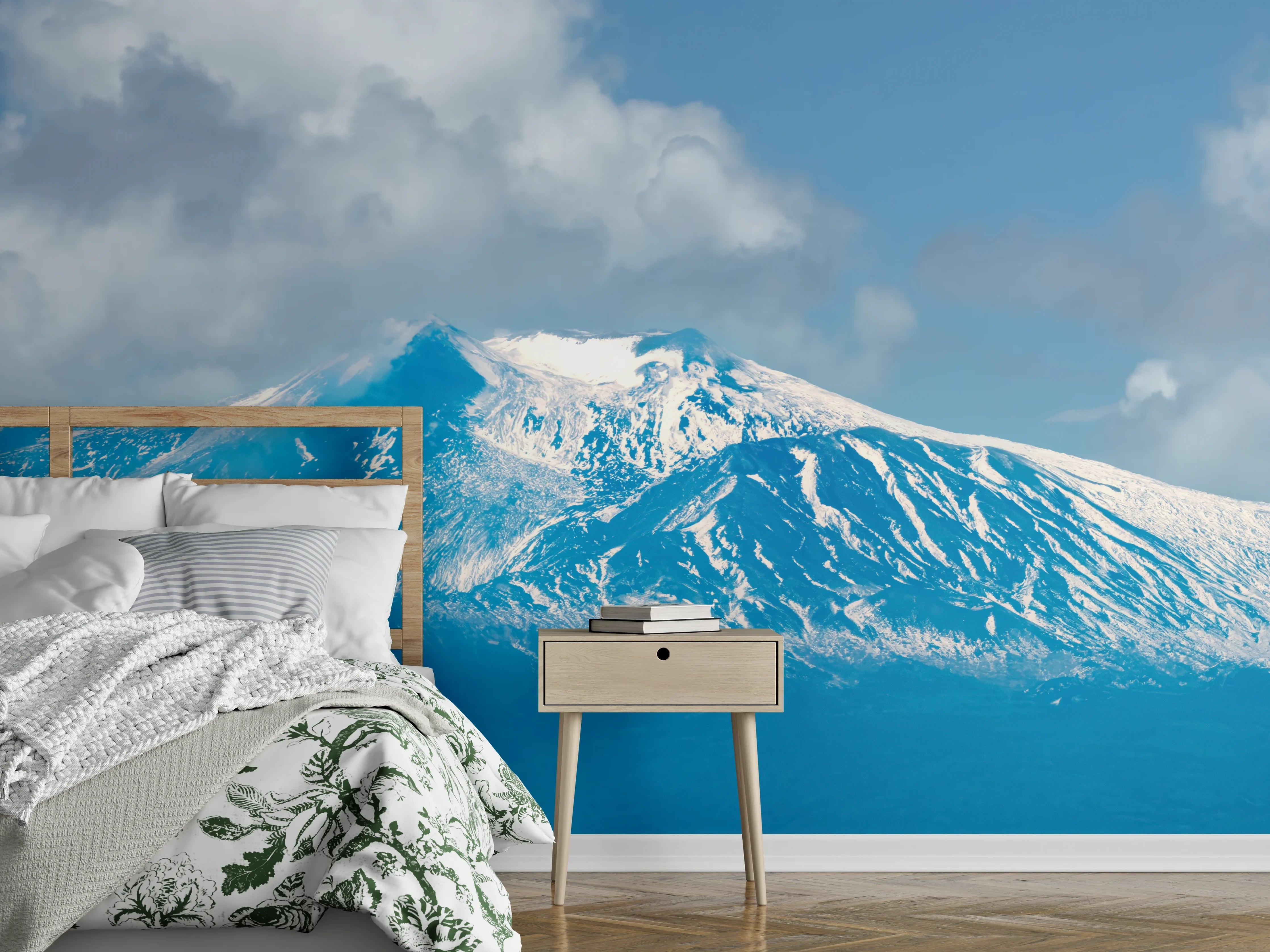Wandverkleidung Schlafzimmer - Blaue Schnee-Berglandschaft