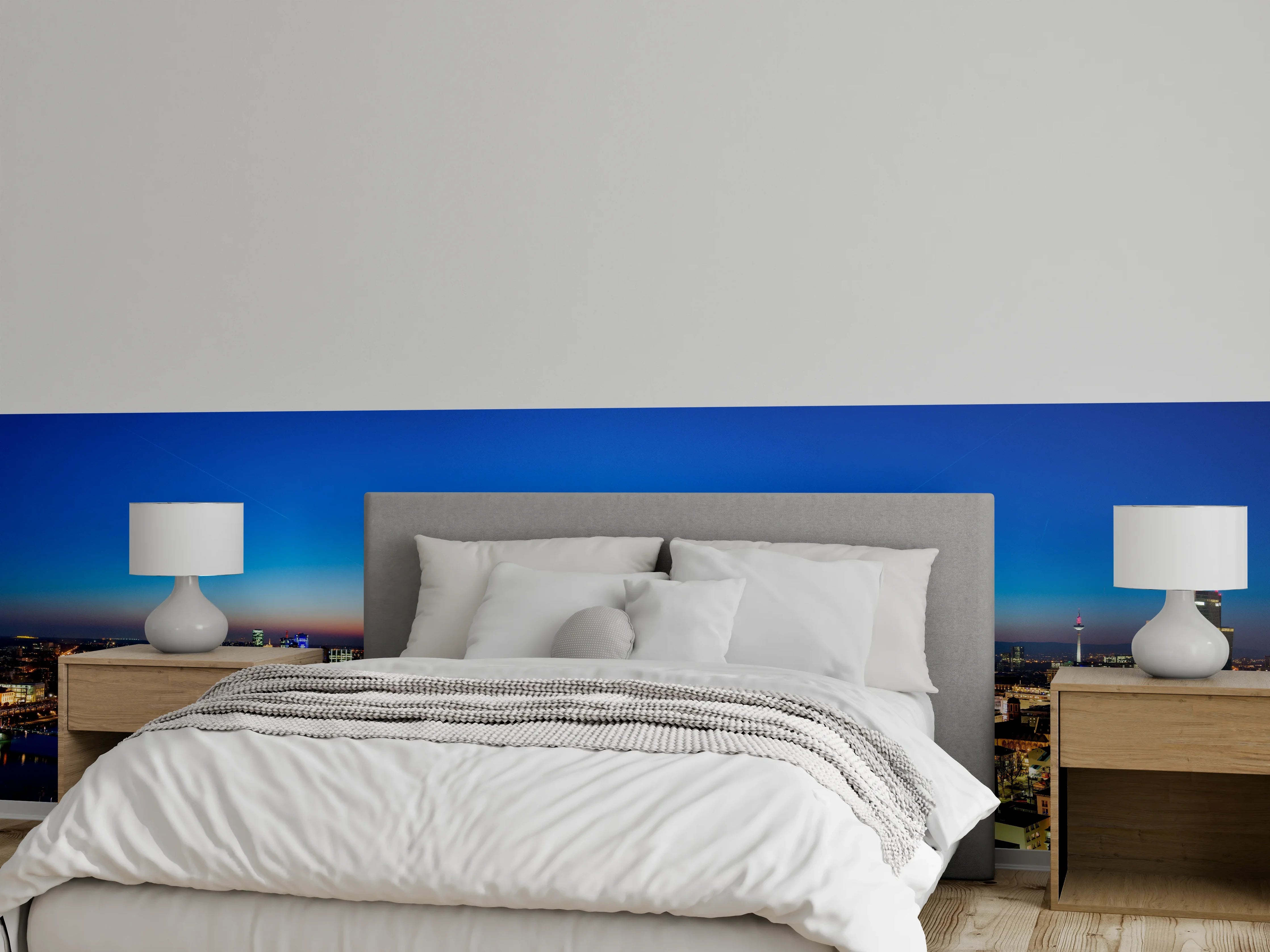 Wandverkleidung Schlafzimmer - Blaue Skyline bei Abenddämmerung