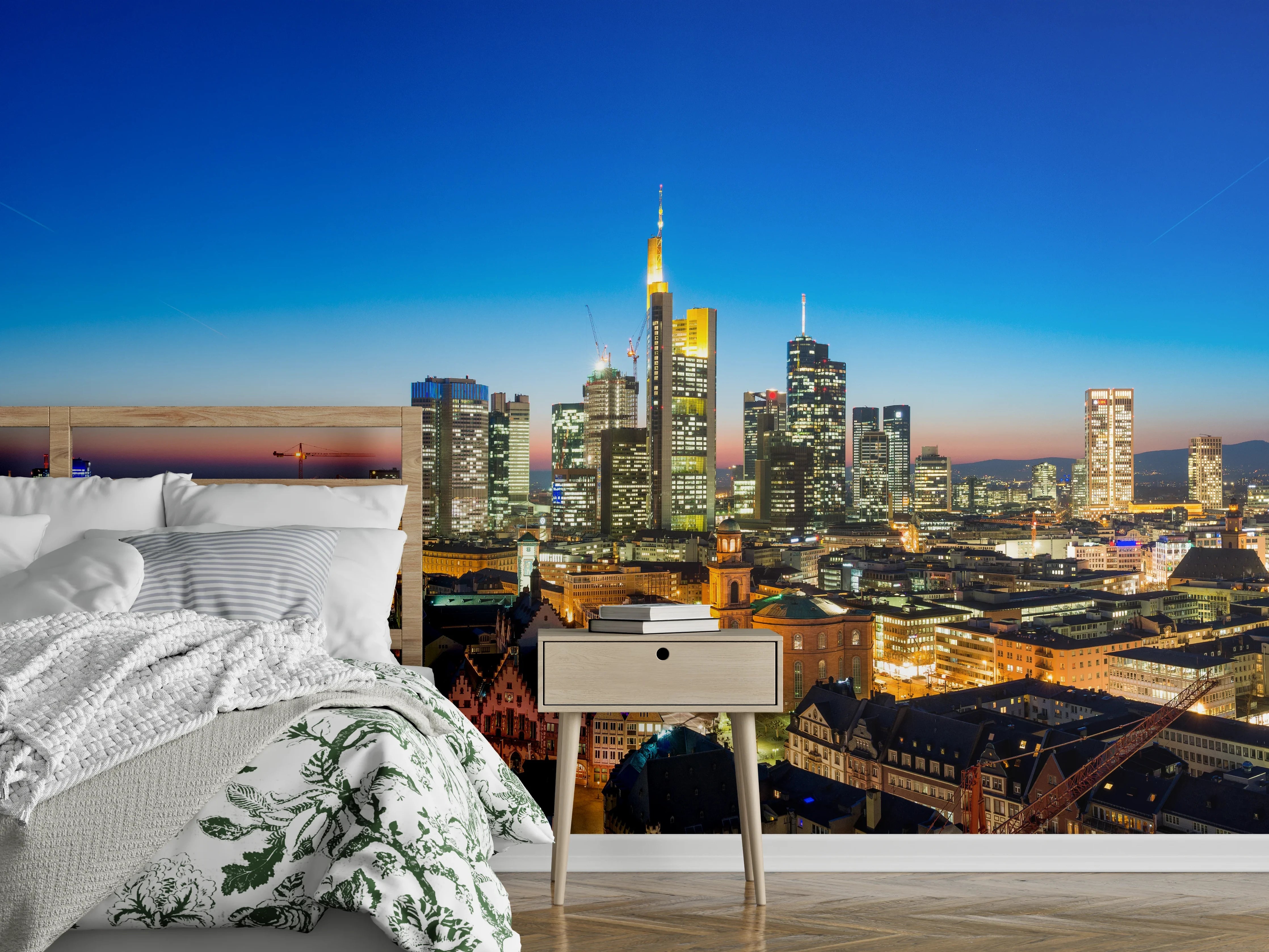 Wandverkleidung Schlafzimmer - Blaue Skyline bei Abenddämmerung