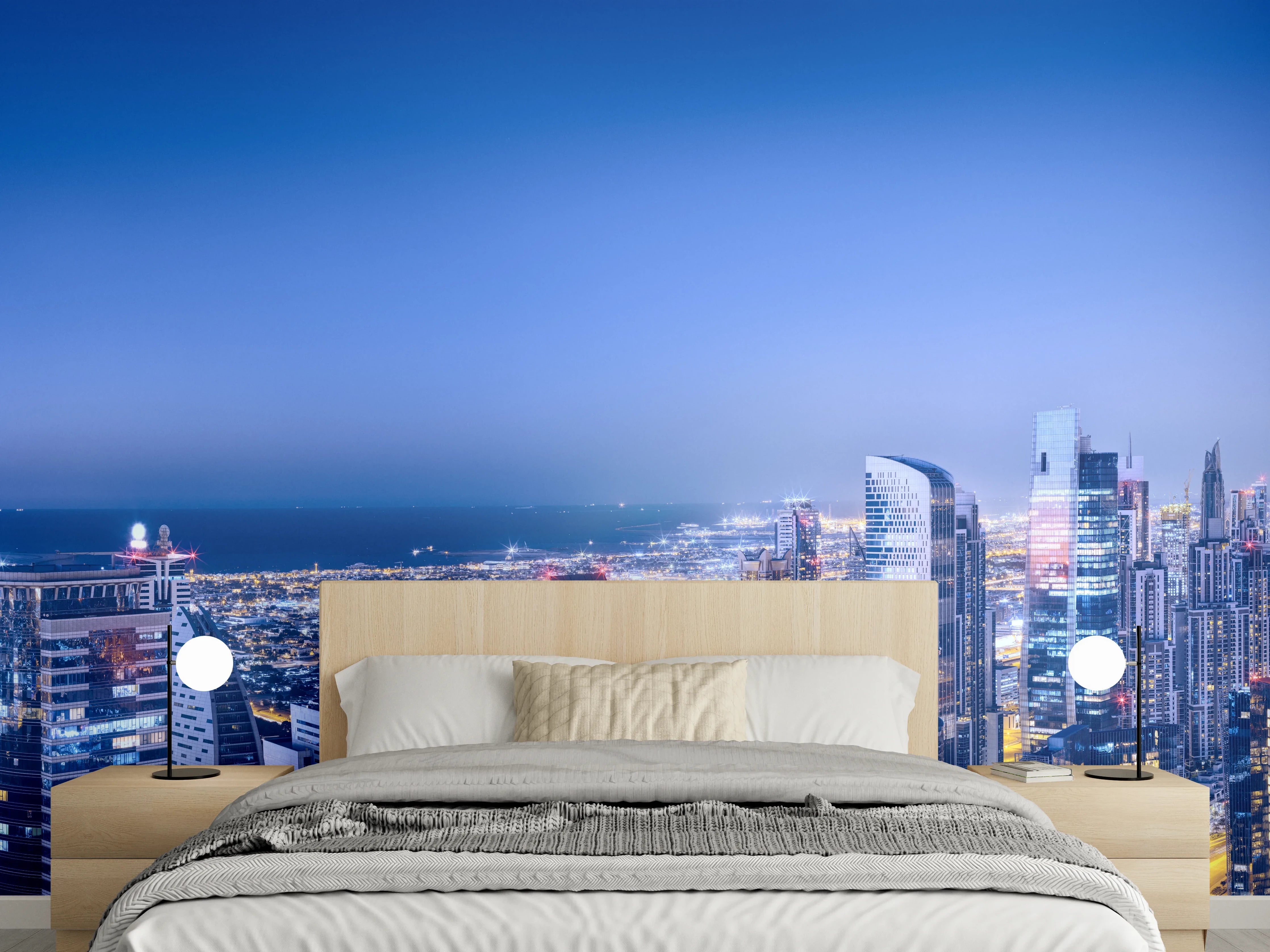 Wandverkleidung Schlafzimmer - Blaue Skyline bei Nacht