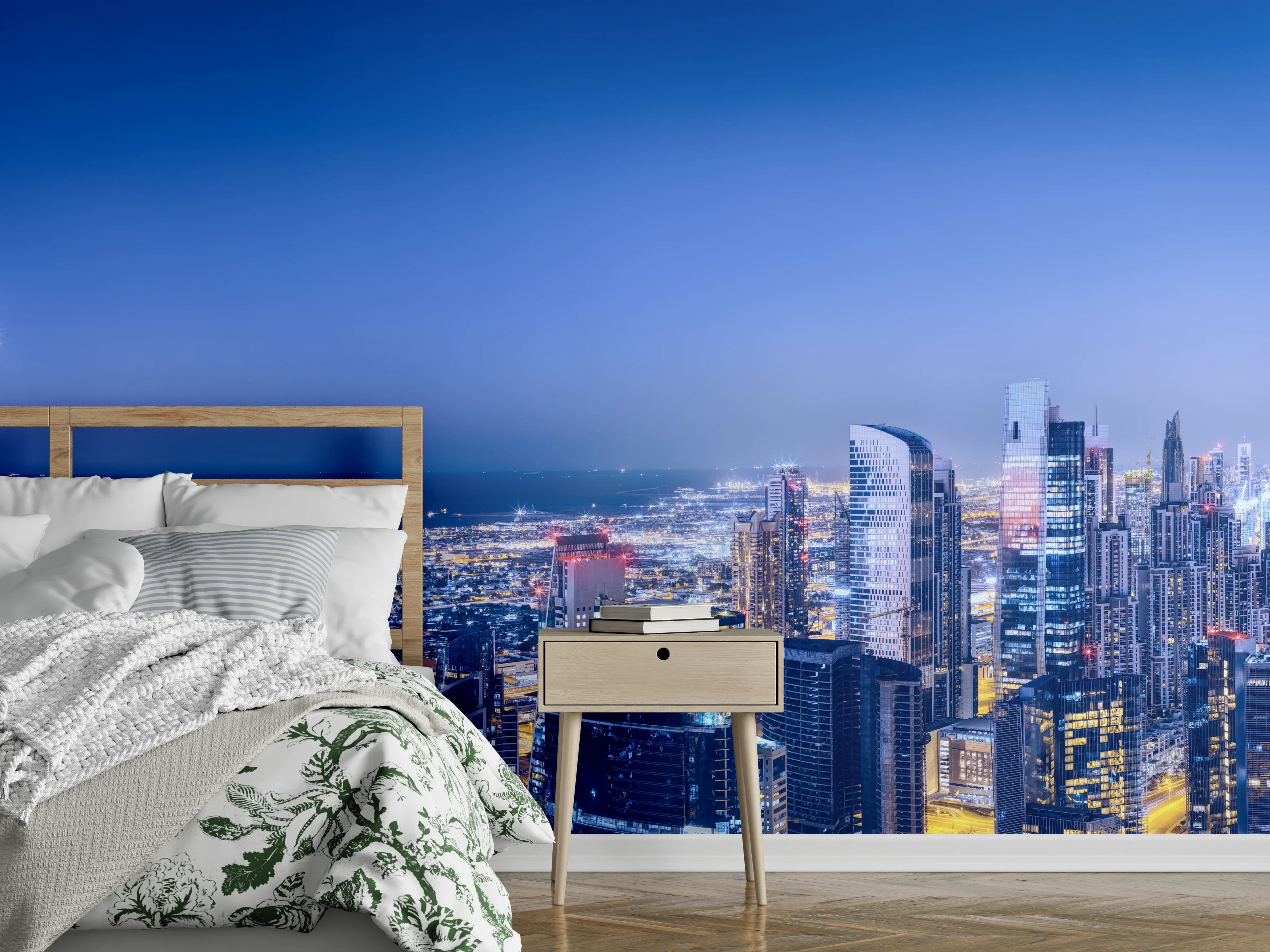 Wandverkleidung Schlafzimmer - Blaue Skyline bei Nacht