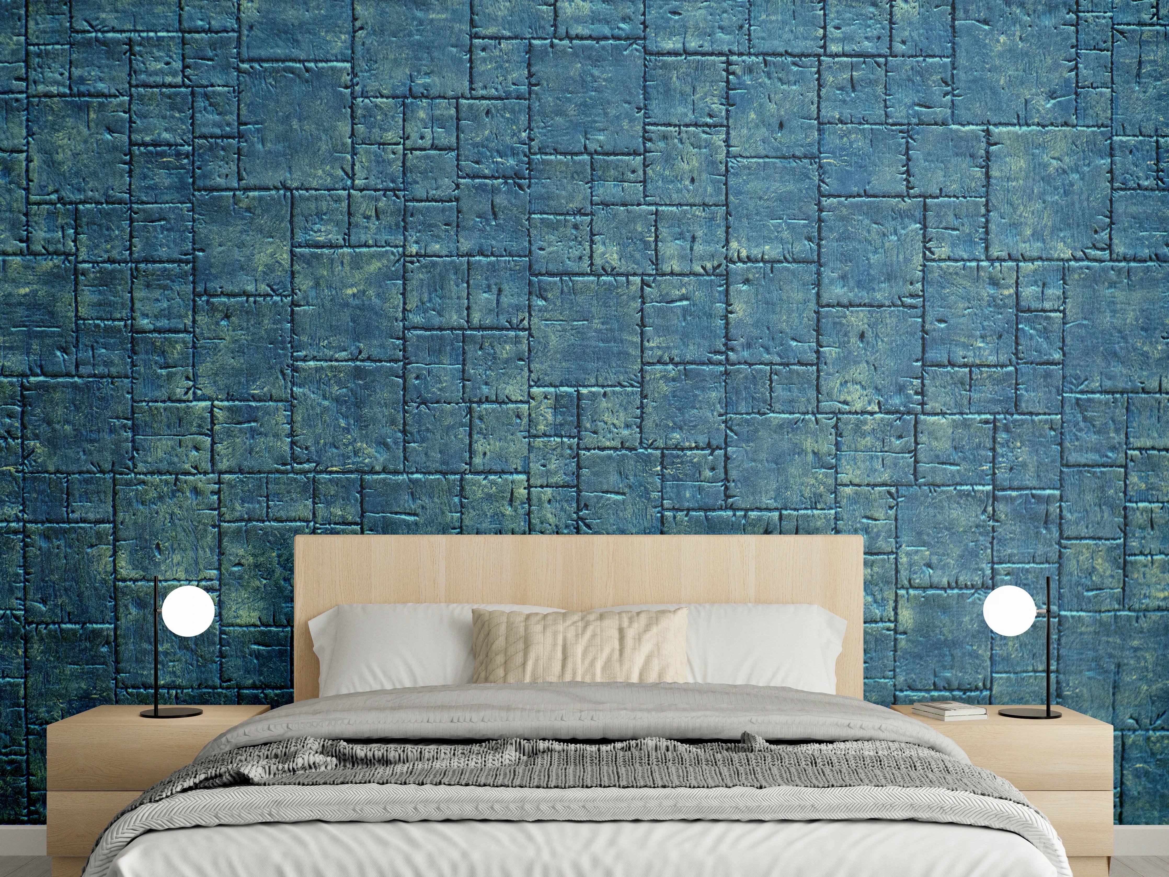Wandverkleidung Schlafzimmer - Blaue Steinwand mit Muster