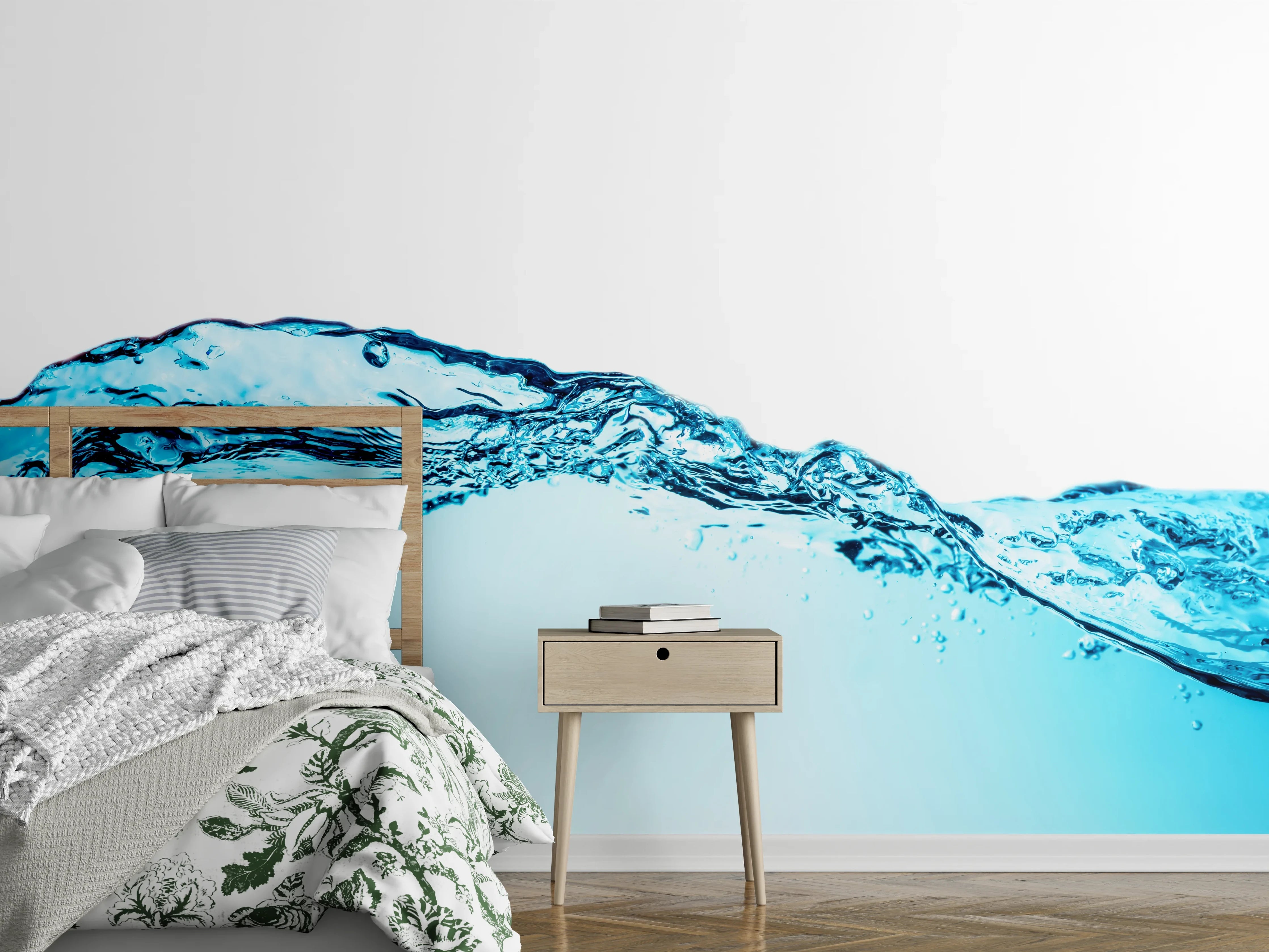 Wandverkleidung Schlafzimmer - Blaue Wasserwelle mit Bläschen