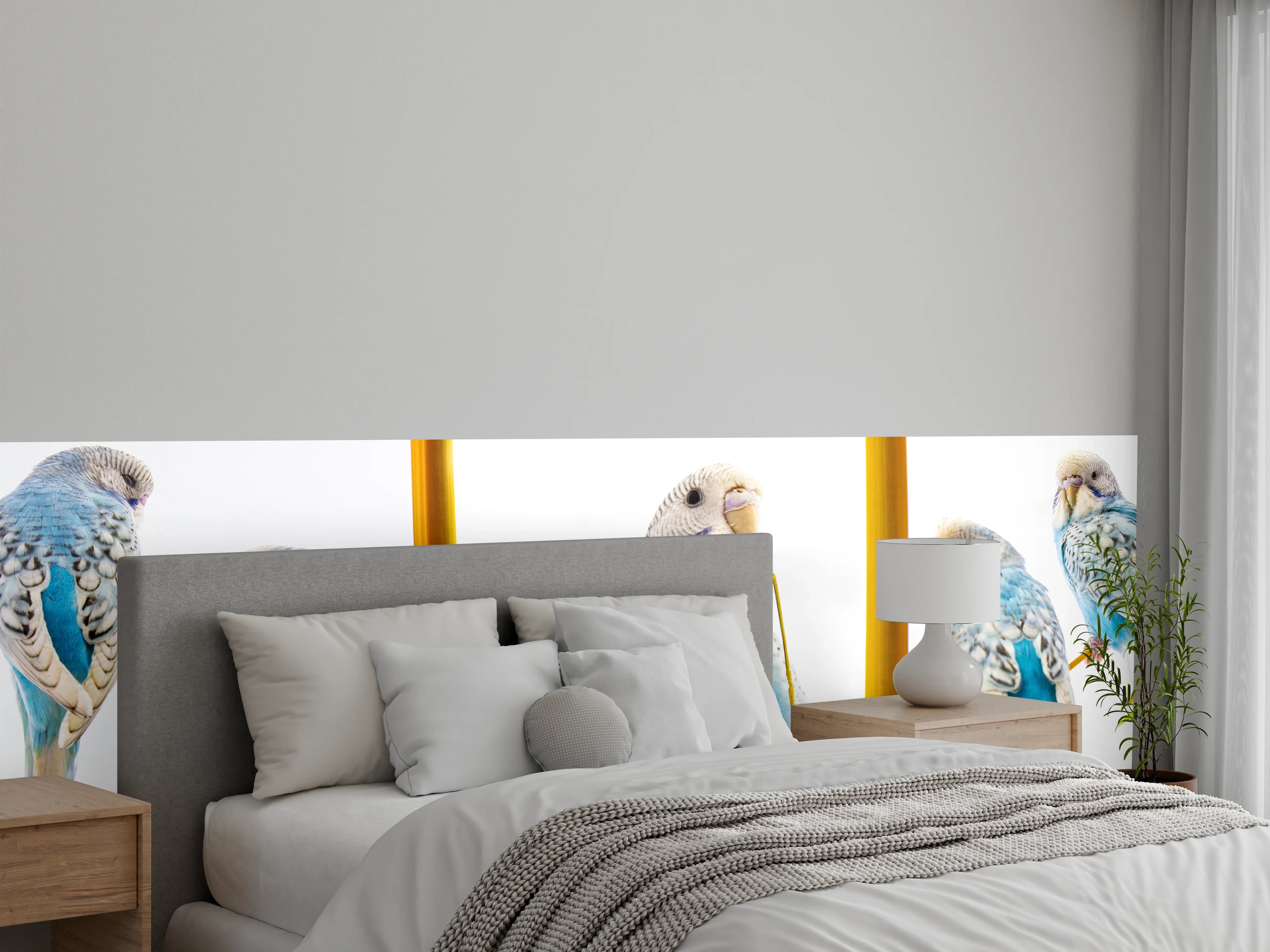 Wandverkleidung Schlafzimmer - Blaue gewellte Papageien auf weißem Hintergrund