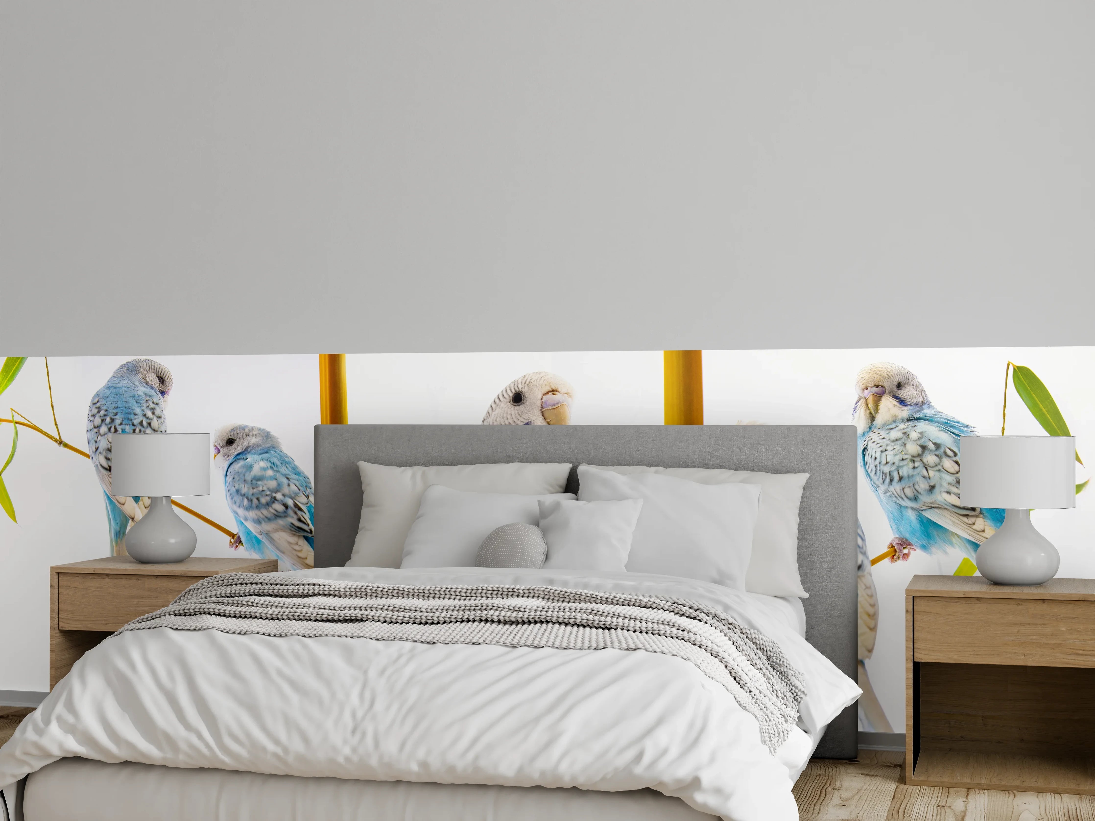 Wandverkleidung Schlafzimmer - Blaue gewellte Papageien auf weißem Hintergrund