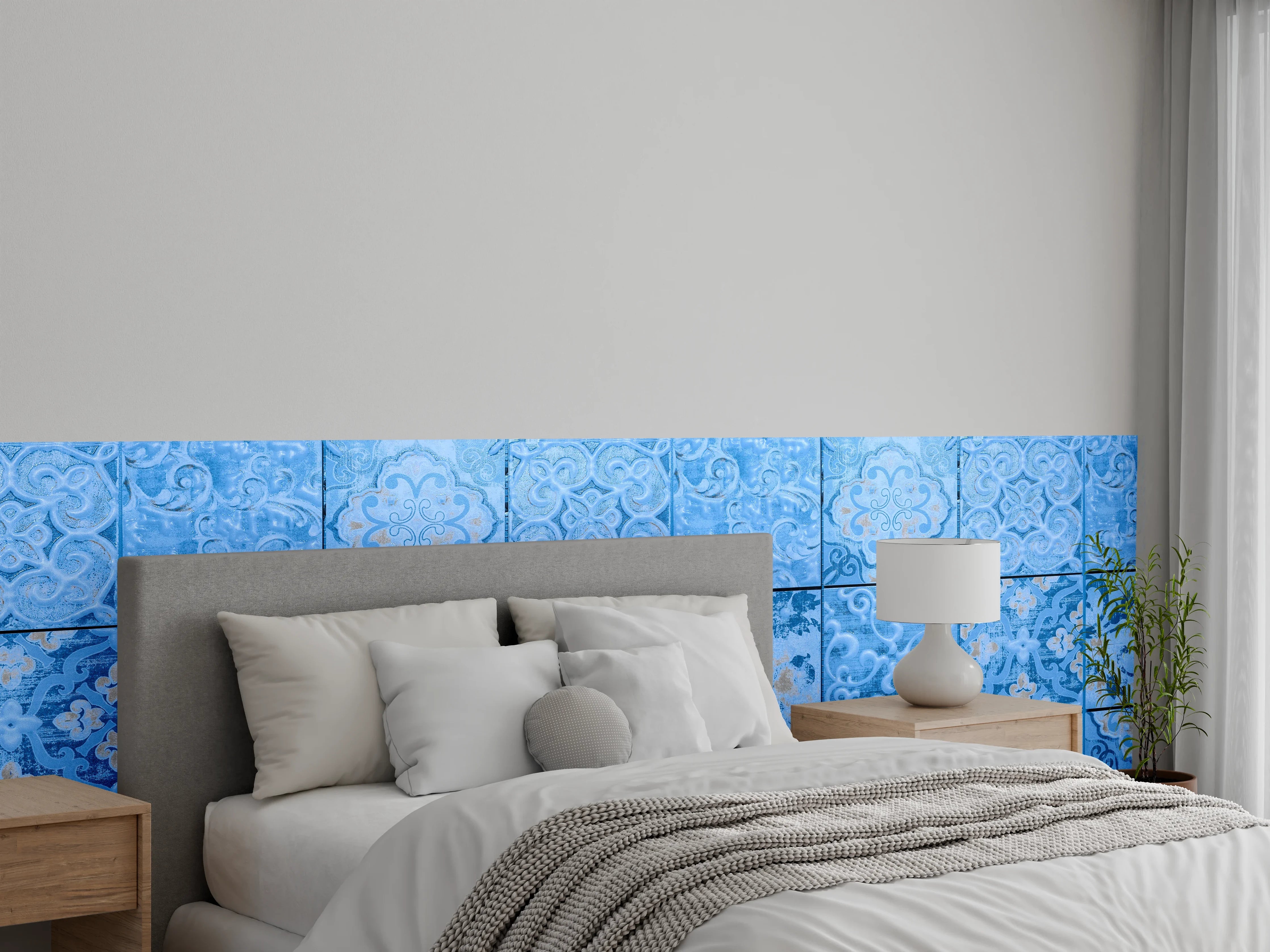 Wandverkleidung Schlafzimmer - Blaue rechteckige Vintage Zementfliesen