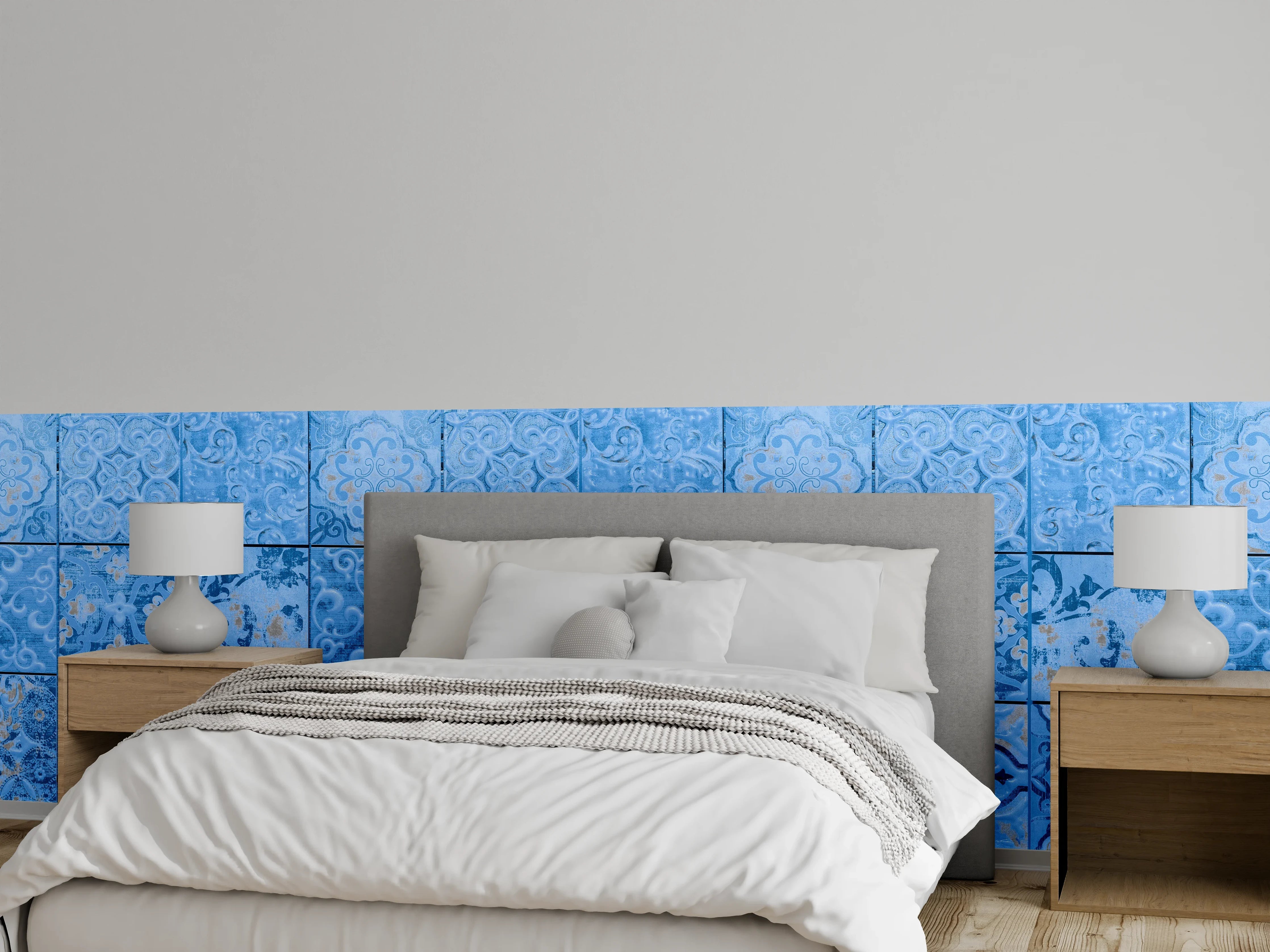 Wandverkleidung Schlafzimmer - Blaue rechteckige Vintage Zementfliesen