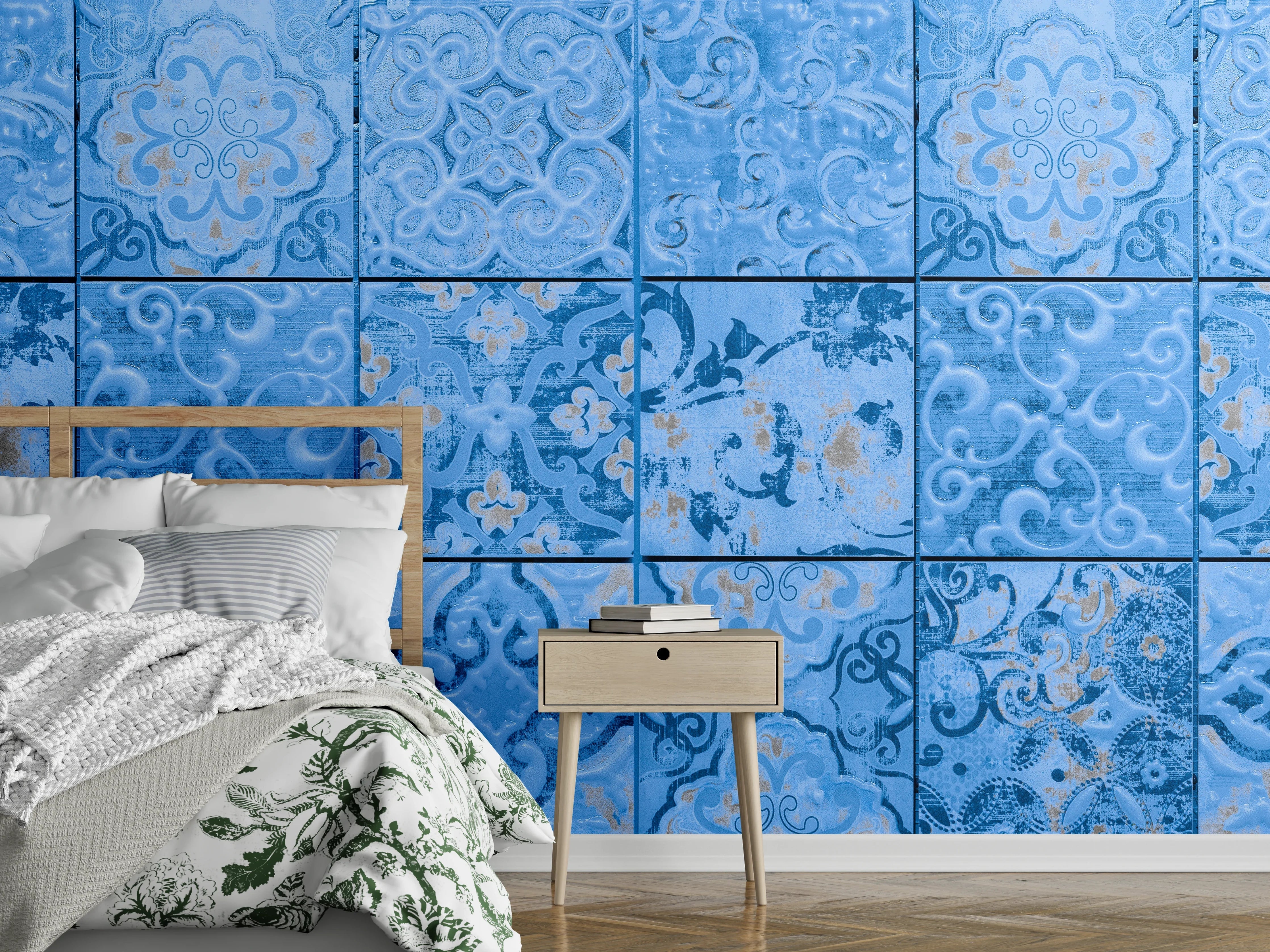 Wandverkleidung Schlafzimmer - Blaue rechteckige Vintage Zementfliesen