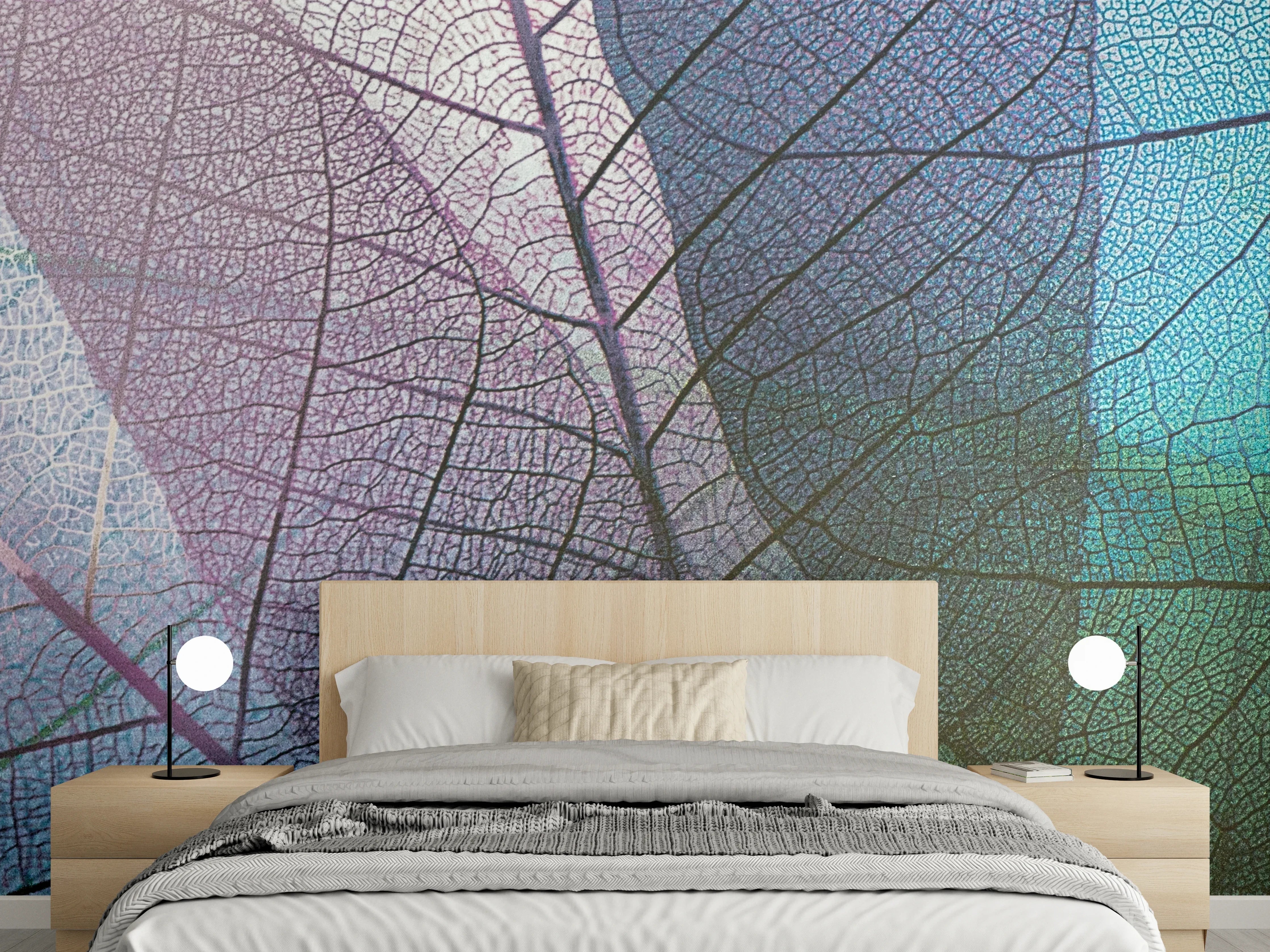 Wandverkleidung Schlafzimmer - Blaue und grüne Blätter mit zarter Struktur