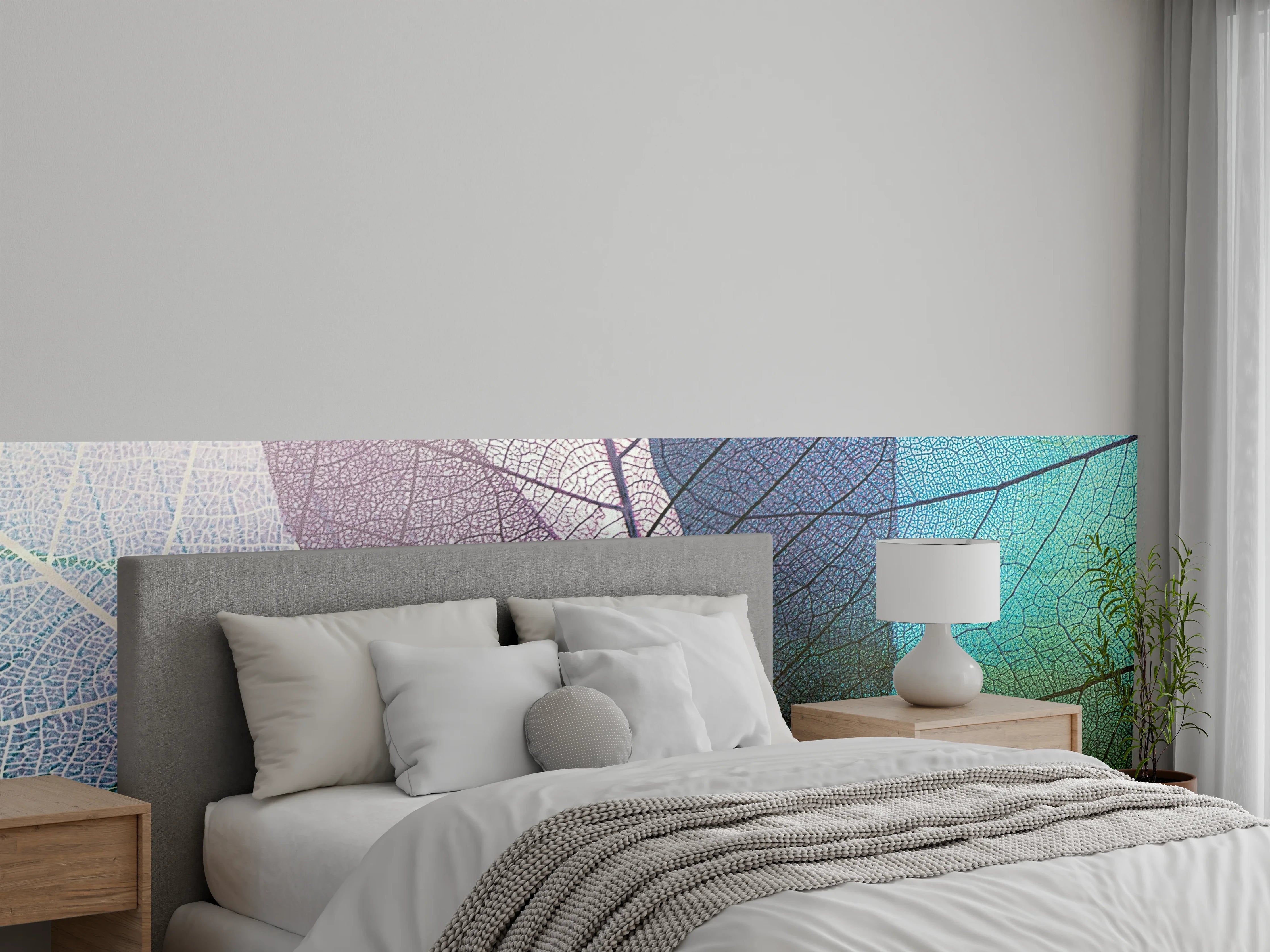 Wandverkleidung Schlafzimmer - Blaue und grüne Blätter mit zarter Struktur