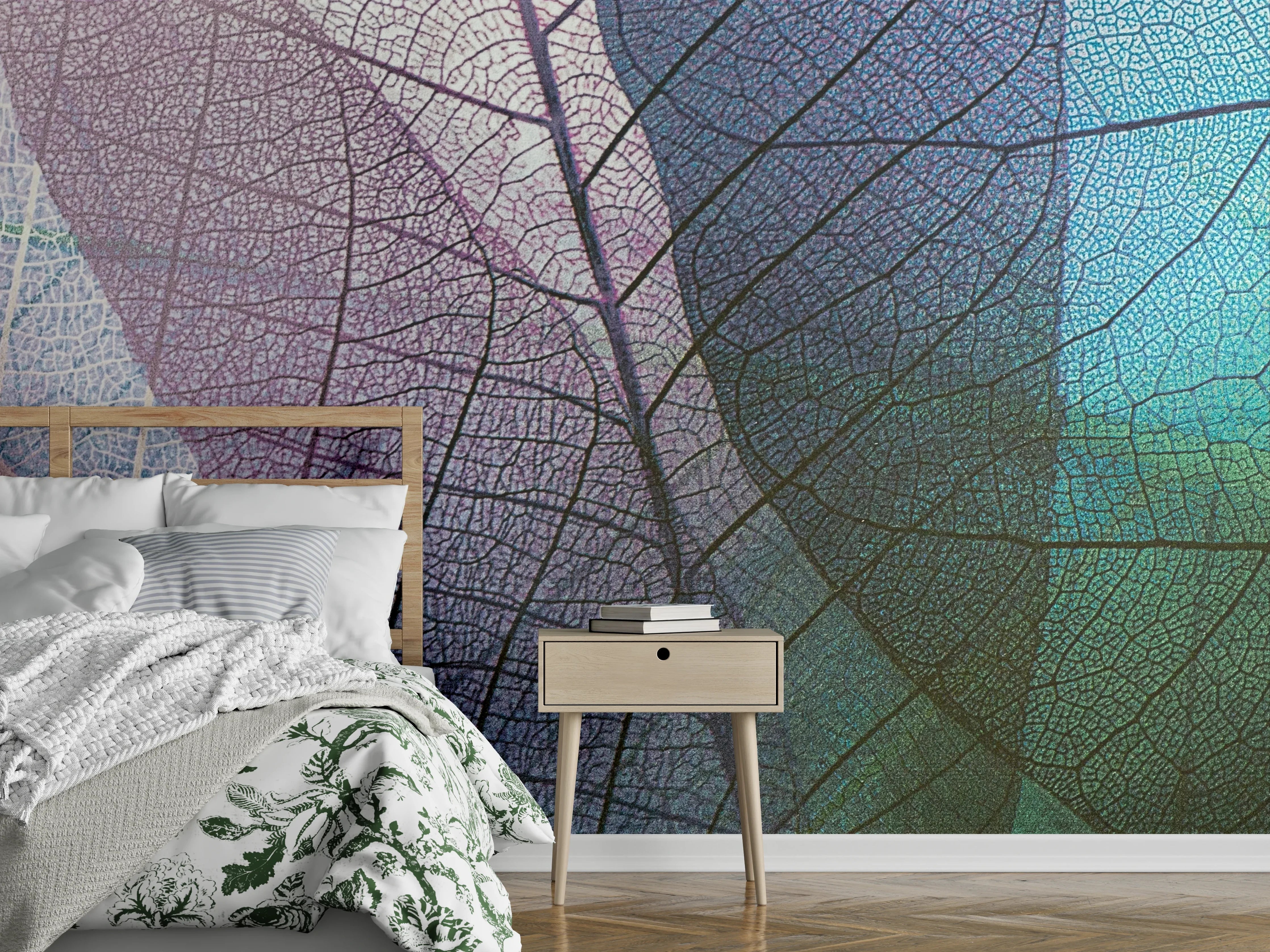 Wandverkleidung Schlafzimmer - Blaue und grüne Blätter mit zarter Struktur