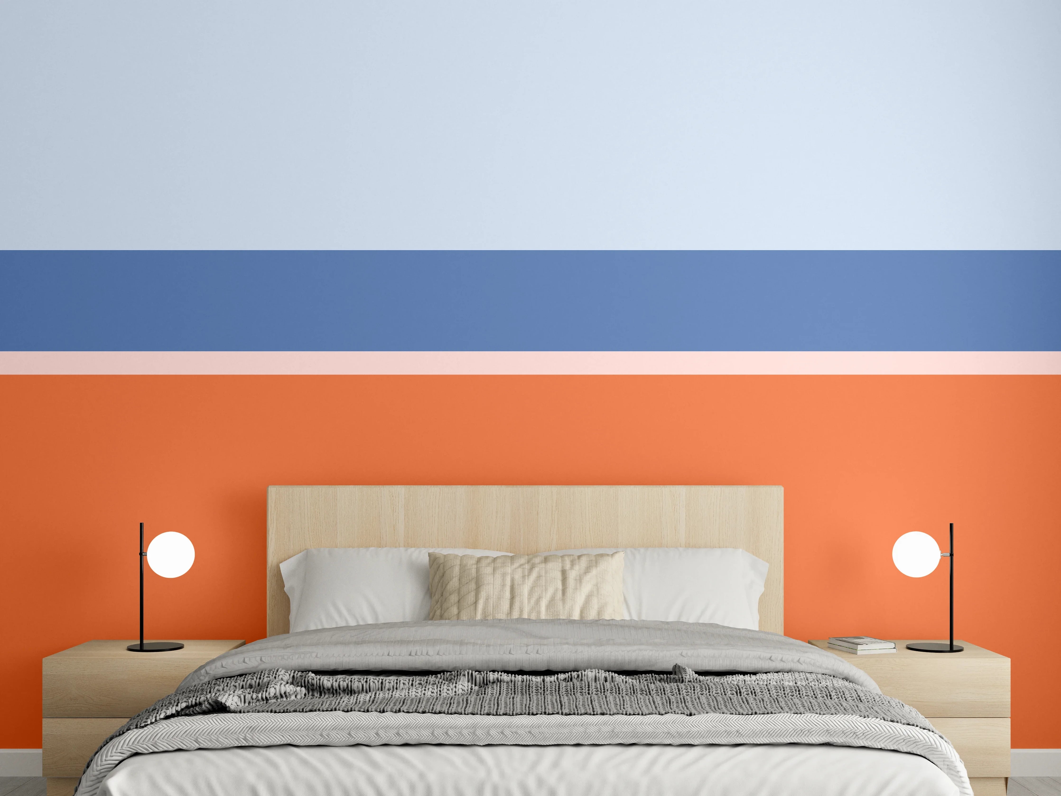 Wandverkleidung Schlafzimmer - Blaue und orangefarbene Streifen
