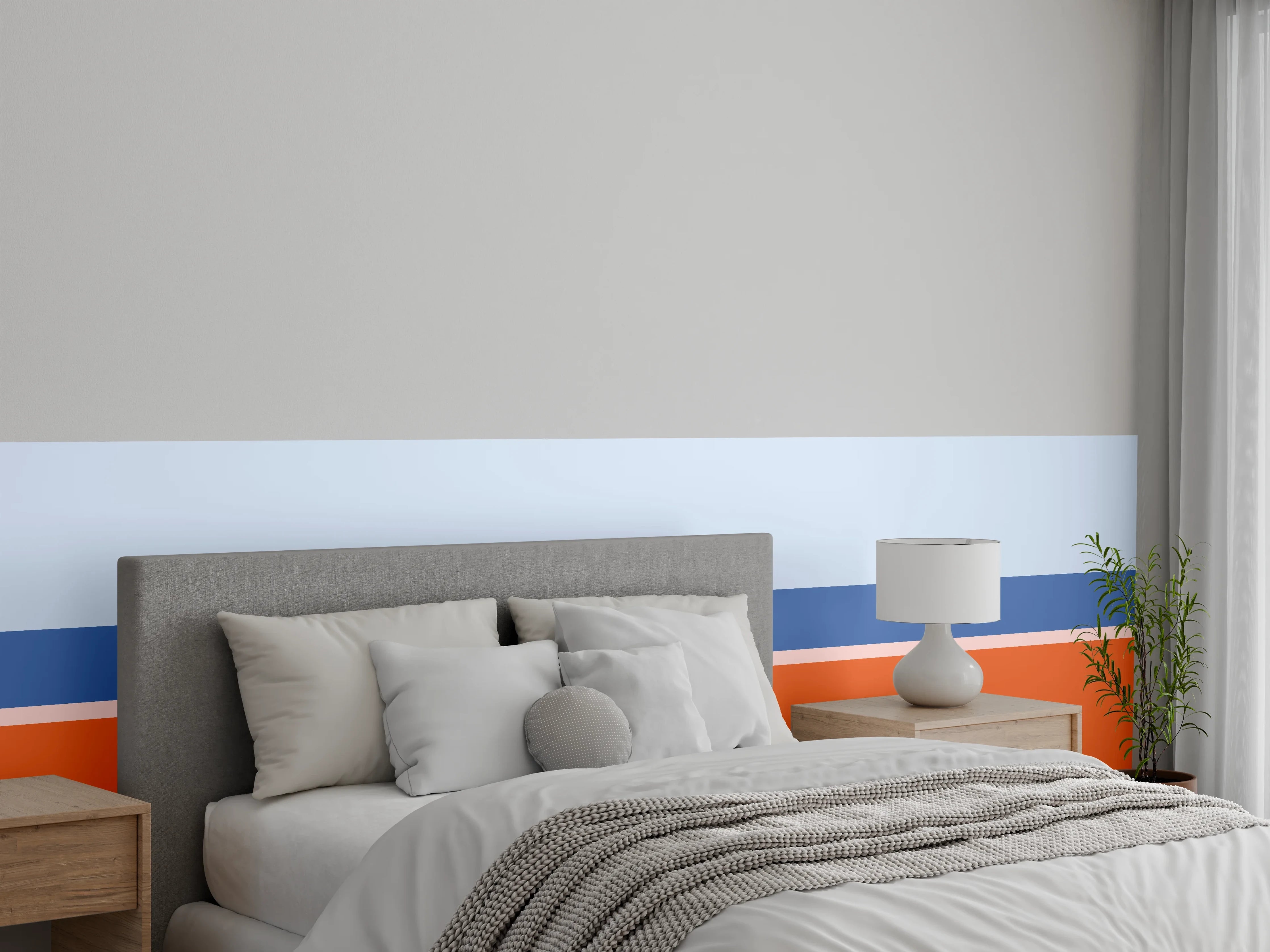 Wandverkleidung Schlafzimmer - Blaue und orangefarbene Streifen