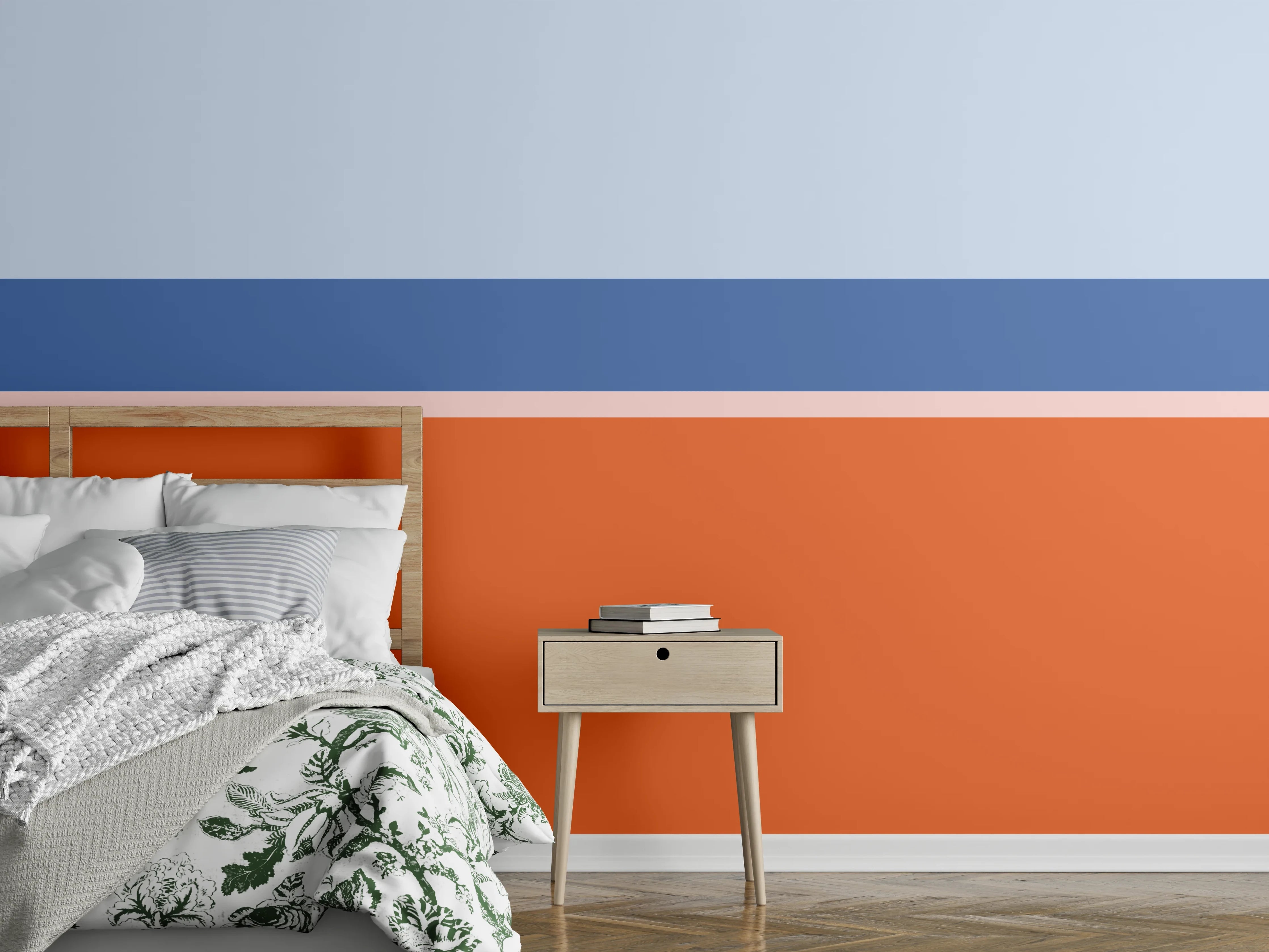 Wandverkleidung Schlafzimmer - Blaue und orangefarbene Streifen