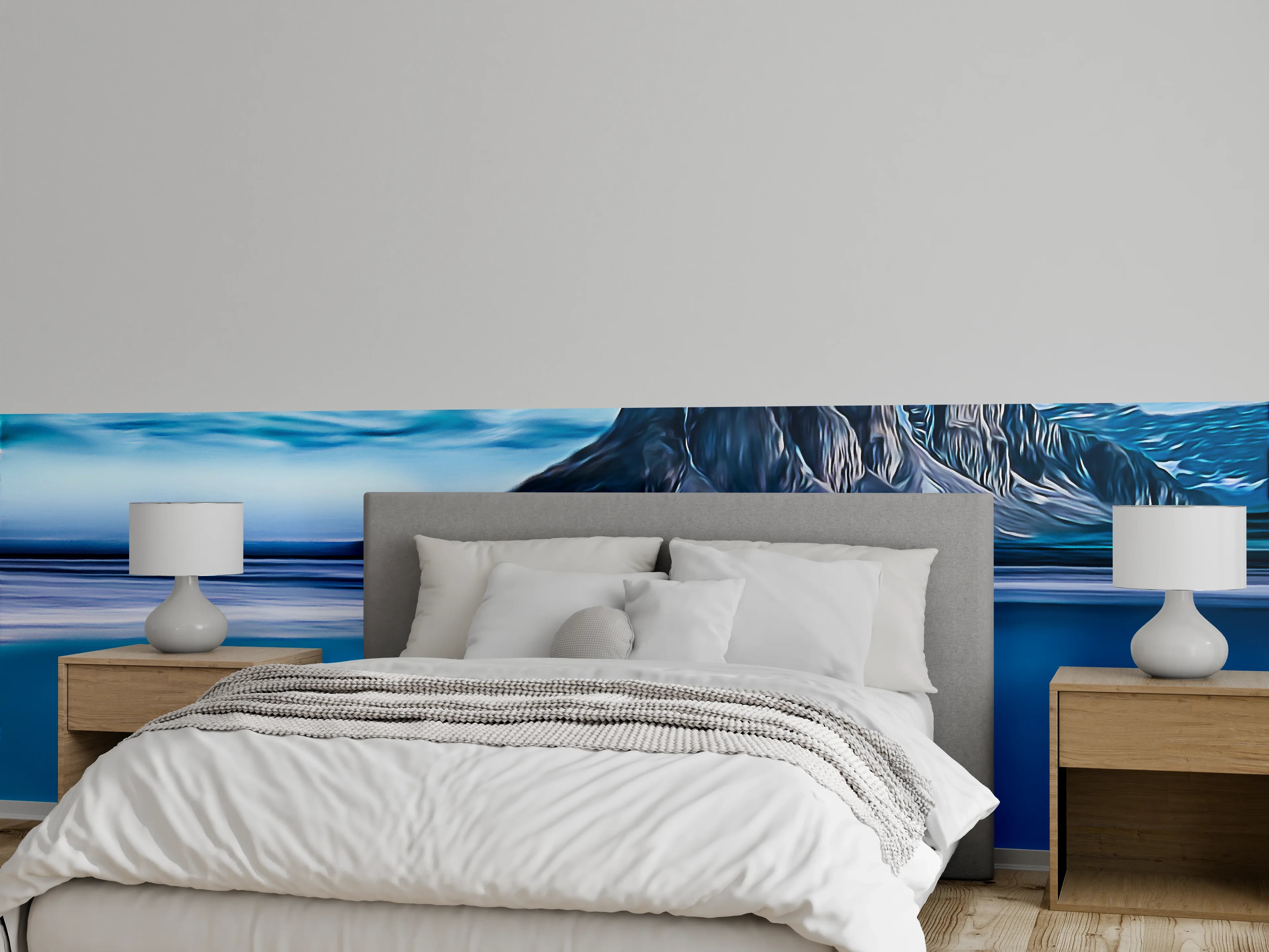 Wandverkleidung Schlafzimmer - Blauer Bergsee mit majestätischem Felsmassiv