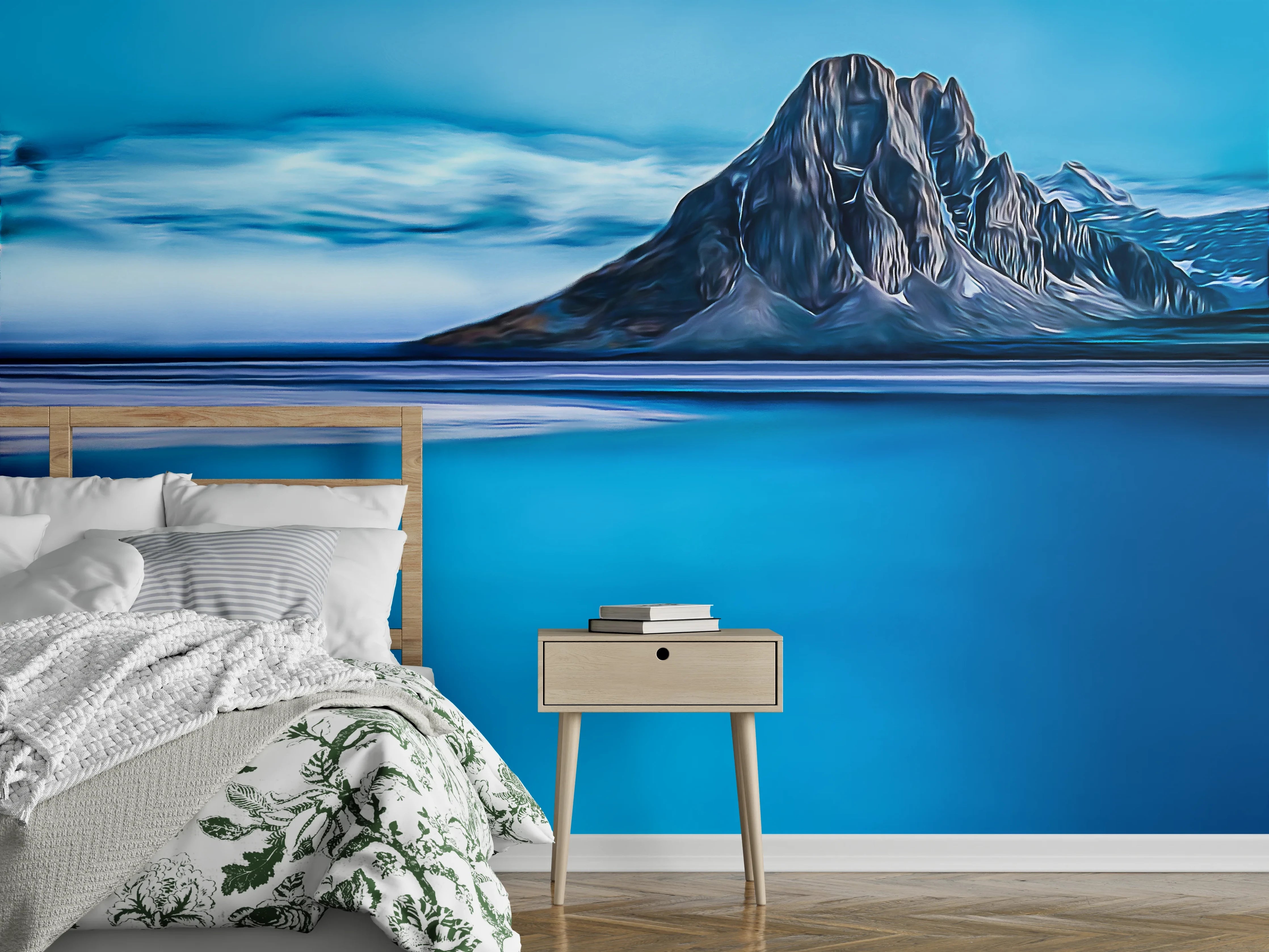 Wandverkleidung Schlafzimmer - Blauer Bergsee mit majestätischem Felsmassiv