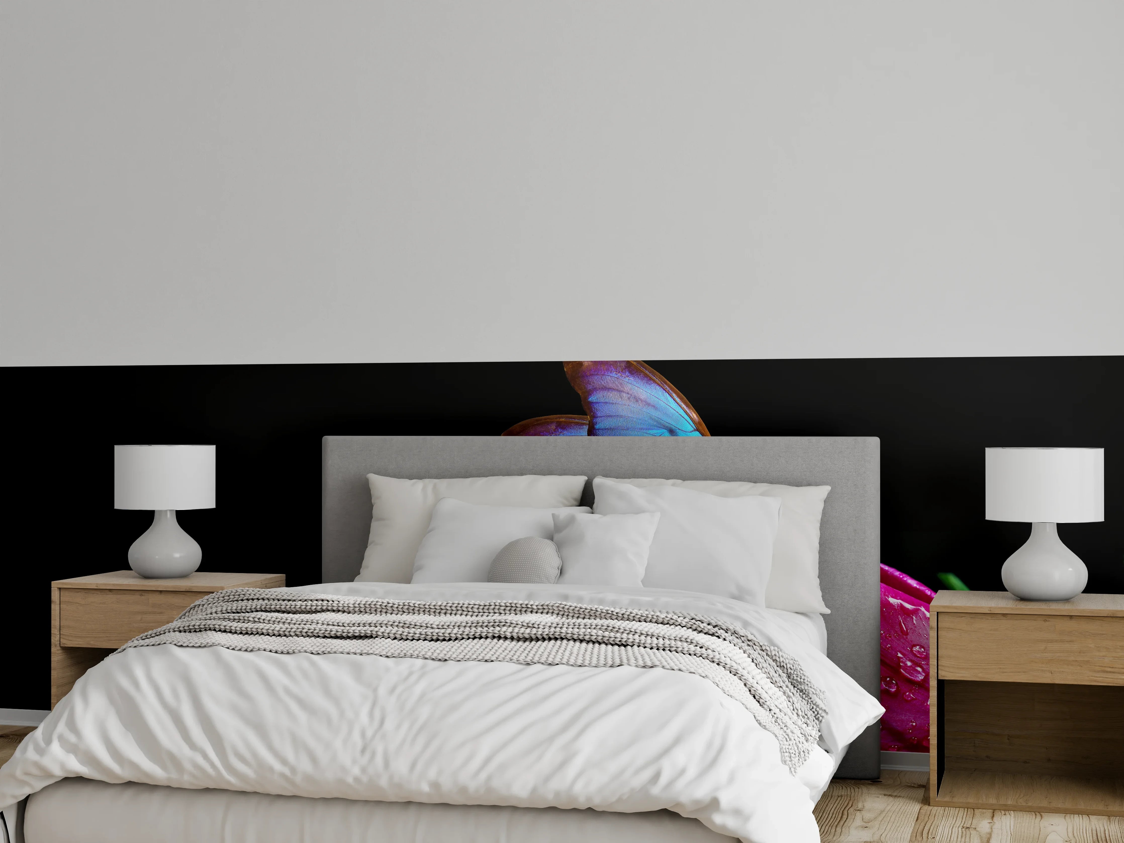 Wandverkleidung Schlafzimmer - Blauer Morphofalter - schwarzer Hintergrund