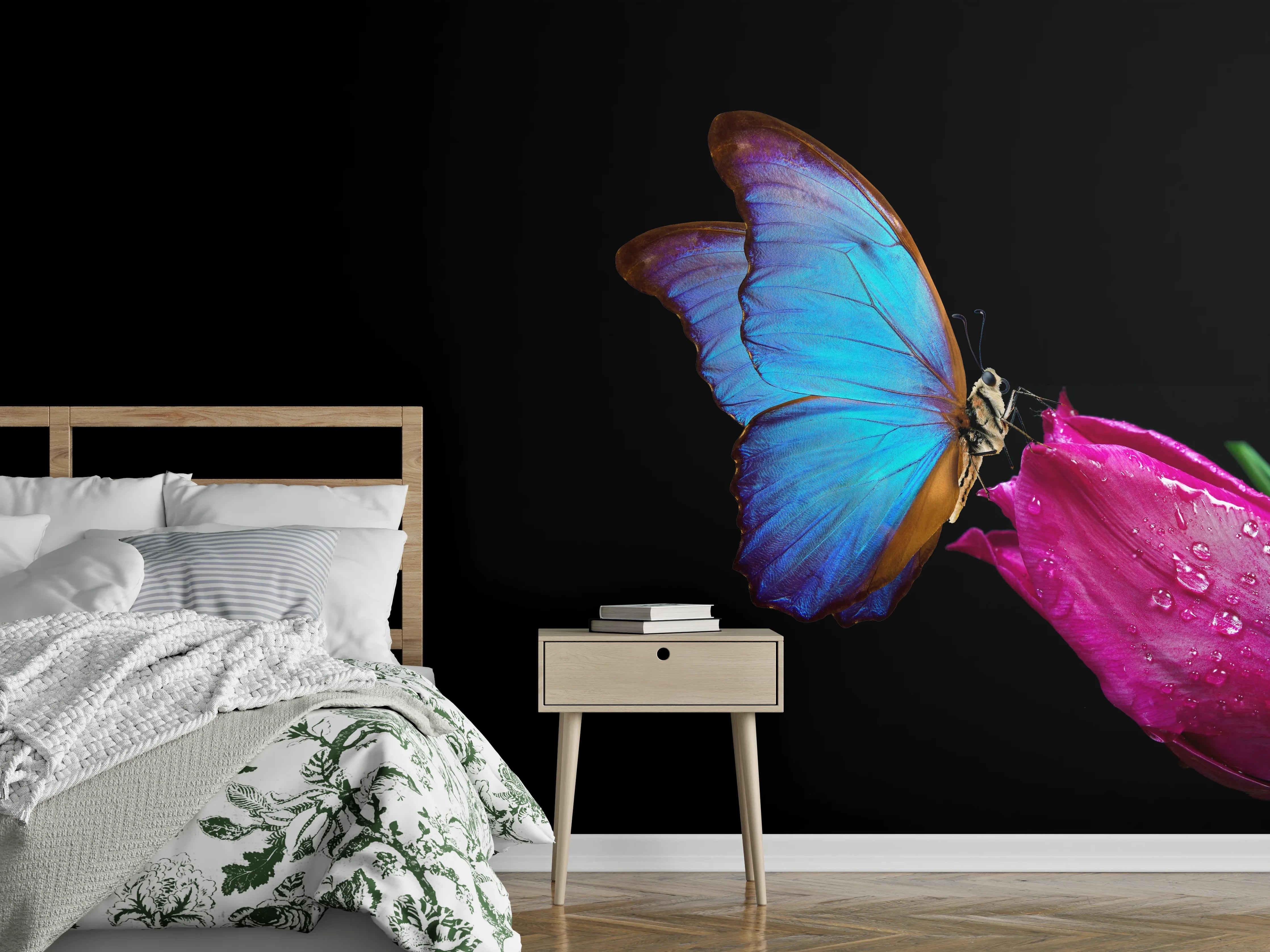 Wandverkleidung Schlafzimmer - Blauer Morphofalter - schwarzer Hintergrund