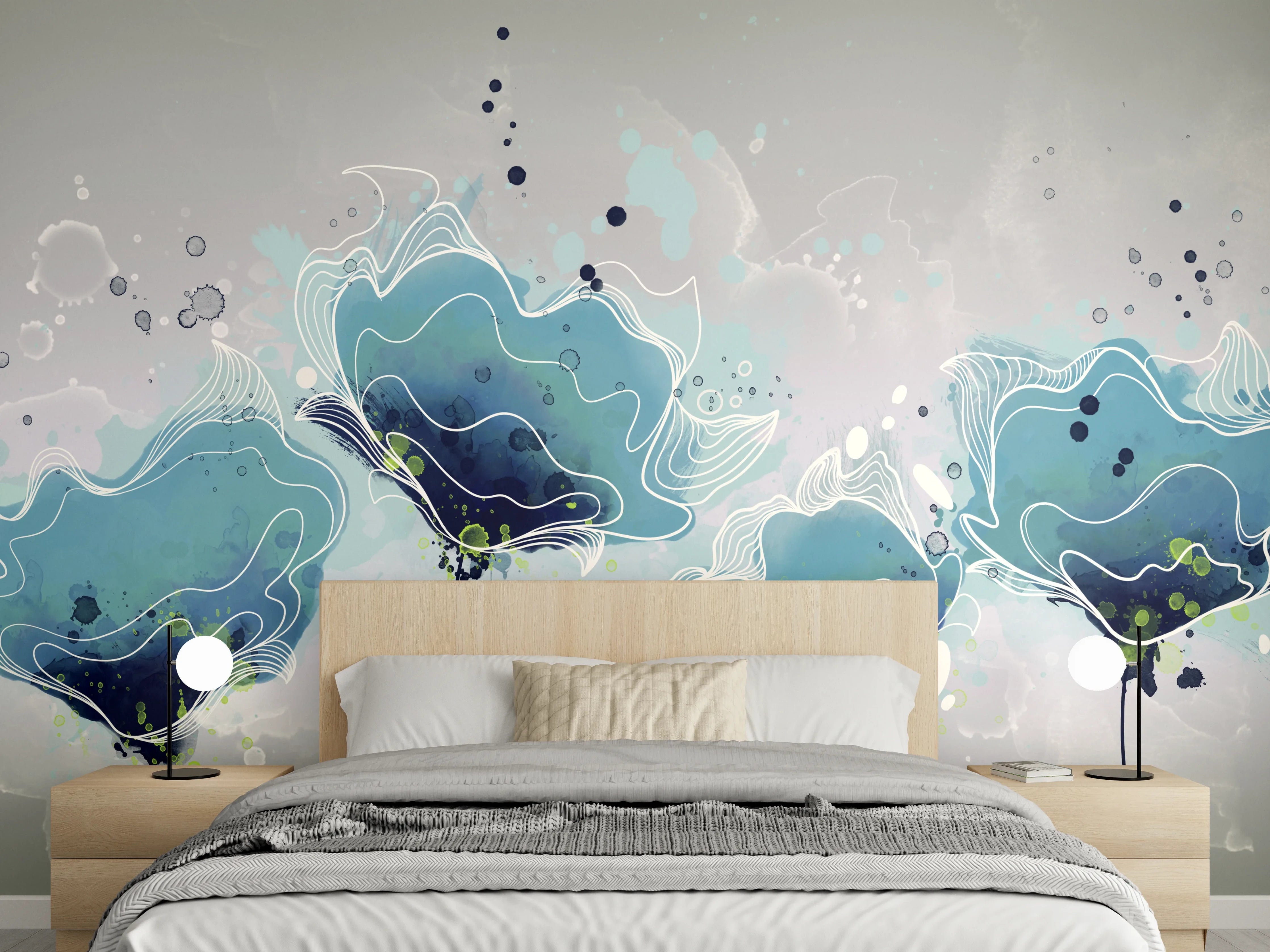 Wandverkleidung Schlafzimmer - Blaues Aquarell-Blumenmotiv Kunst