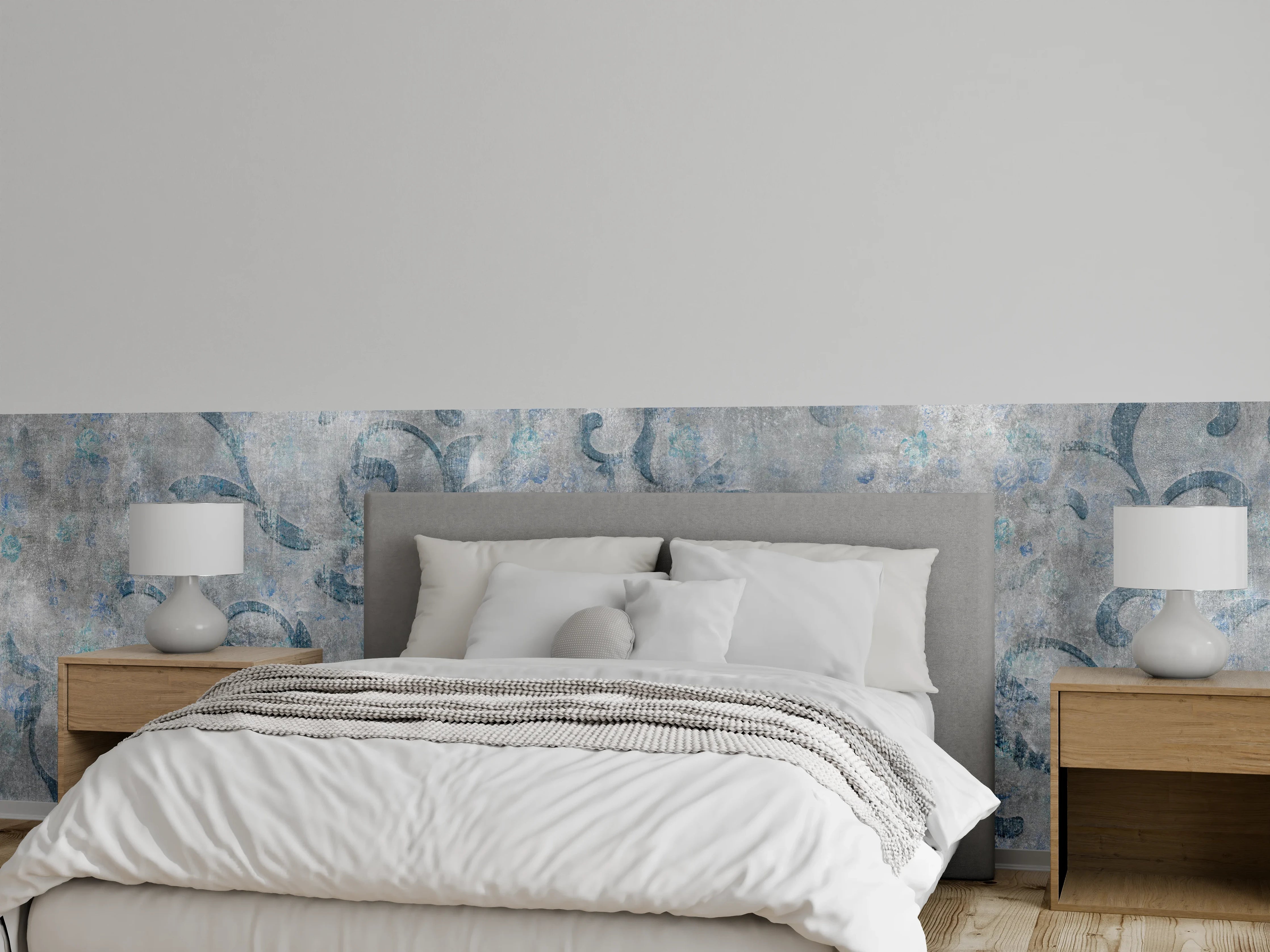 Wandverkleidung Schlafzimmer - Blaues Blätter Muster - Zement