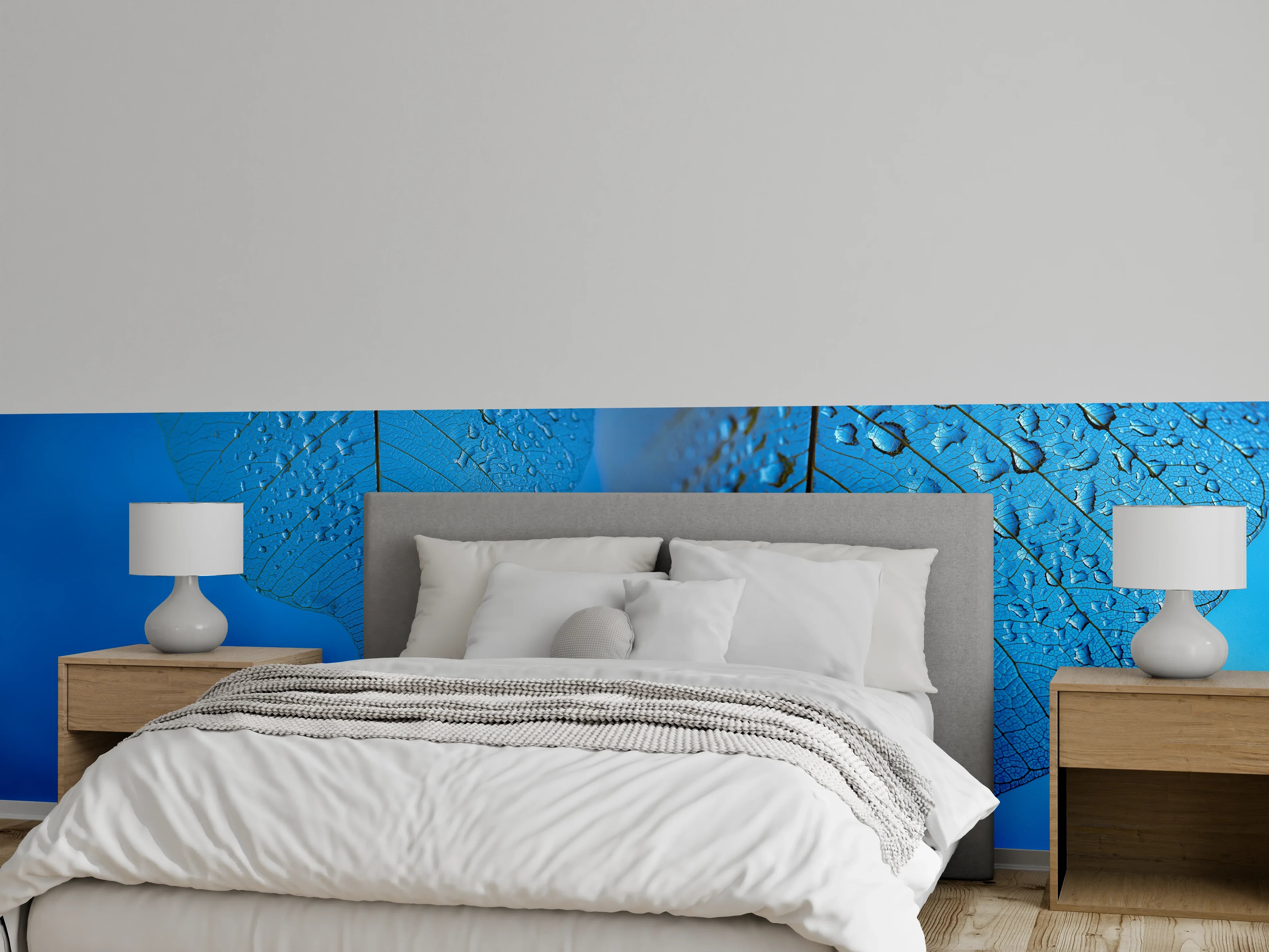 Wandverkleidung Schlafzimmer - Blaues Blatt mit Wassertropfen